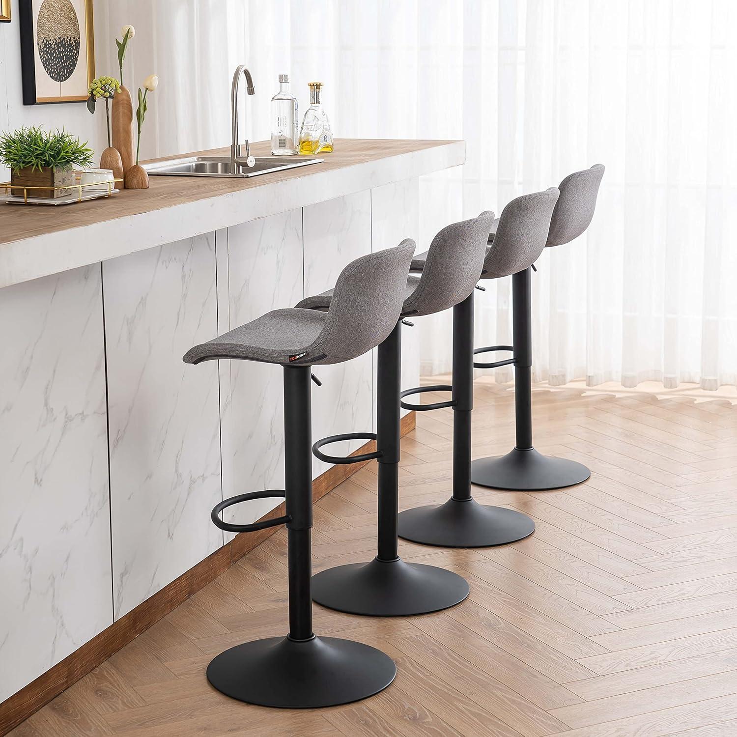 Adjustable Gray Fabric Swivel Bar Stools with Metal Base, Set of 2