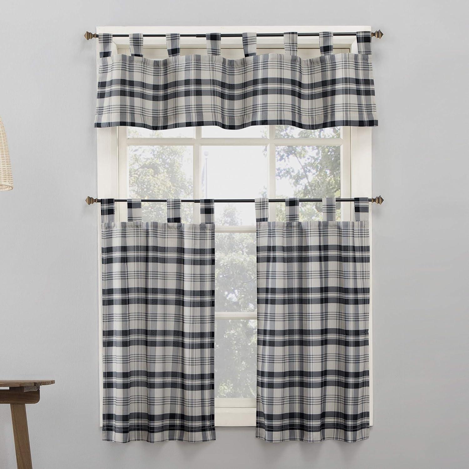 No. 918 Blair Farmhouse Plaid Semi-Sheer Tab Top Kitchen Curtains, 52"x36", Coal