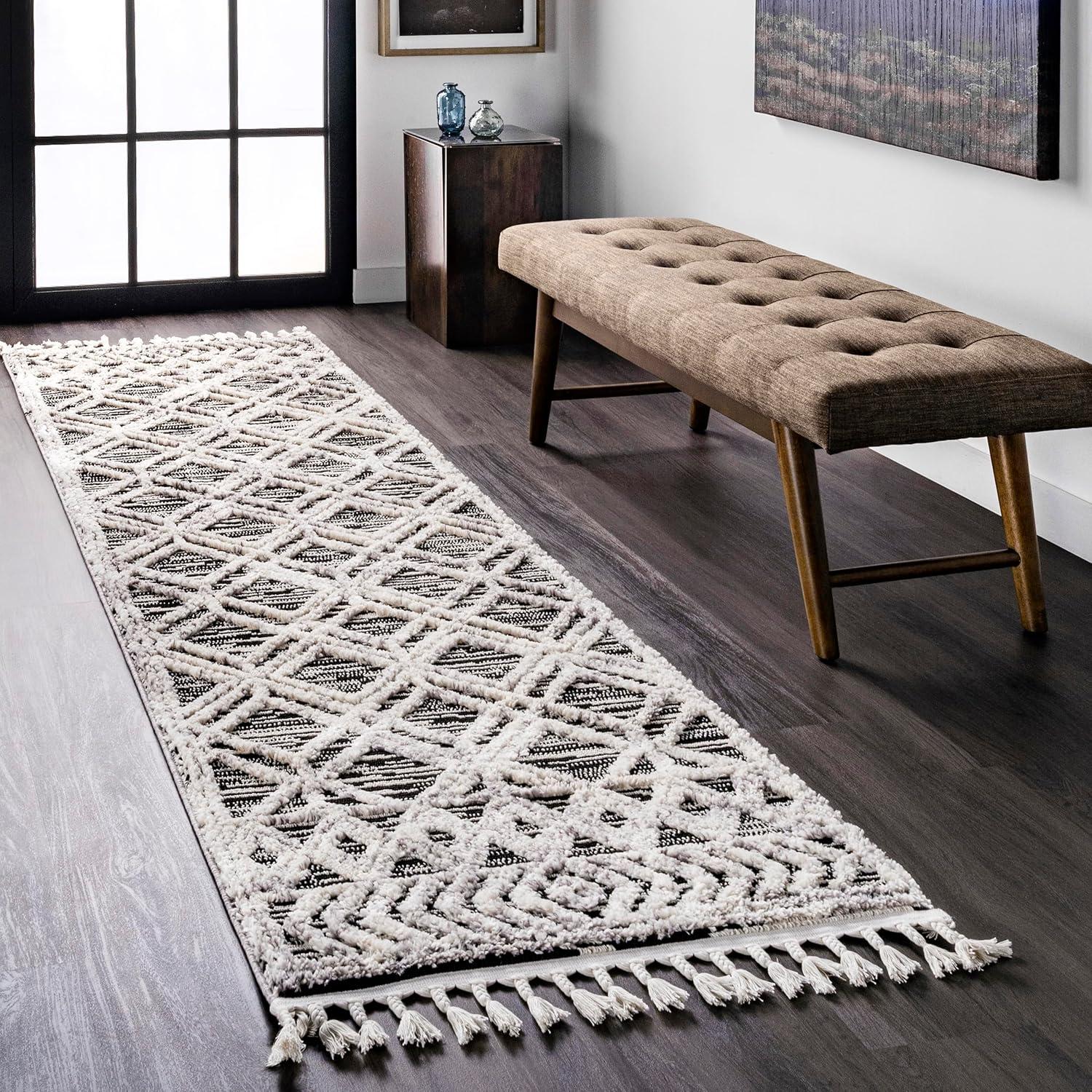 Gray Moroccan Lattice Tassel Runner Rug with Braided Shag