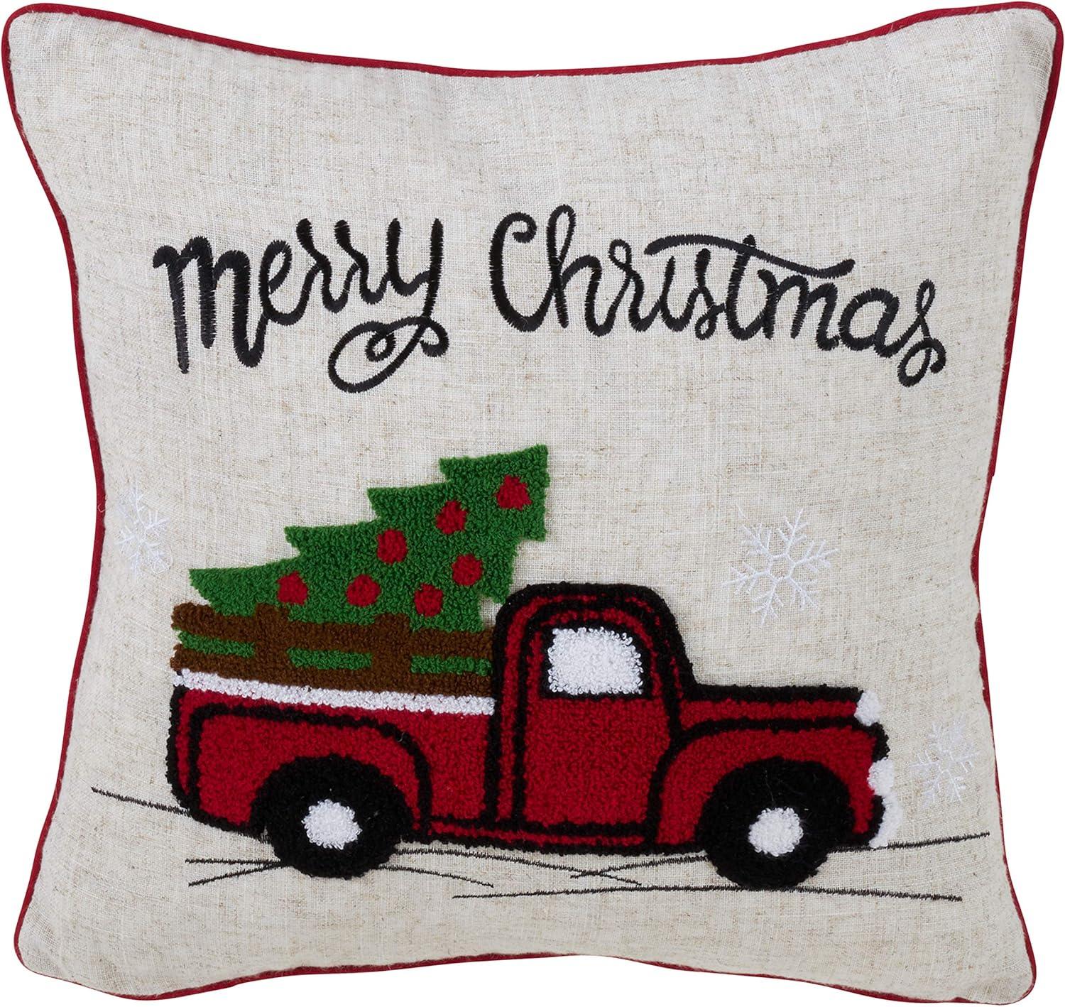 Vintage Red Truck Poly Blend Square Throw Pillow Tan - Saro Lifestyle: Festive Holiday Decor, Embroidered, Indoor