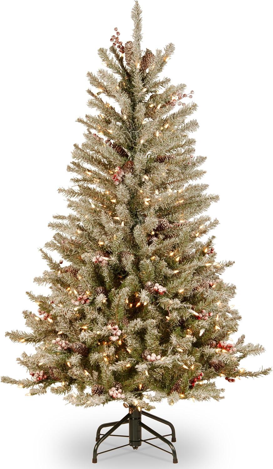 National Tree Company Pre-Lit Dunhill Fir Artificial Christmas Tree with Snow, Red Berries and Pine Cones Clear Lights