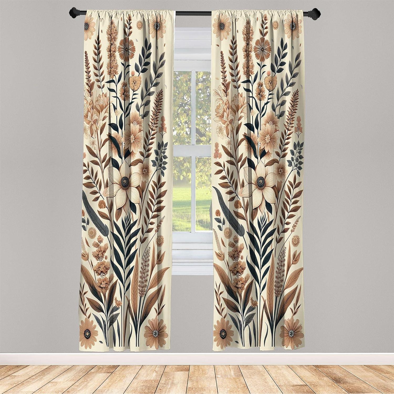 Ambesonne Vintage Floral Curtains 2 Panel Set, Garden of Nostalgia, Pair of - 28" x 95", Eggshell Umber Slate Blue