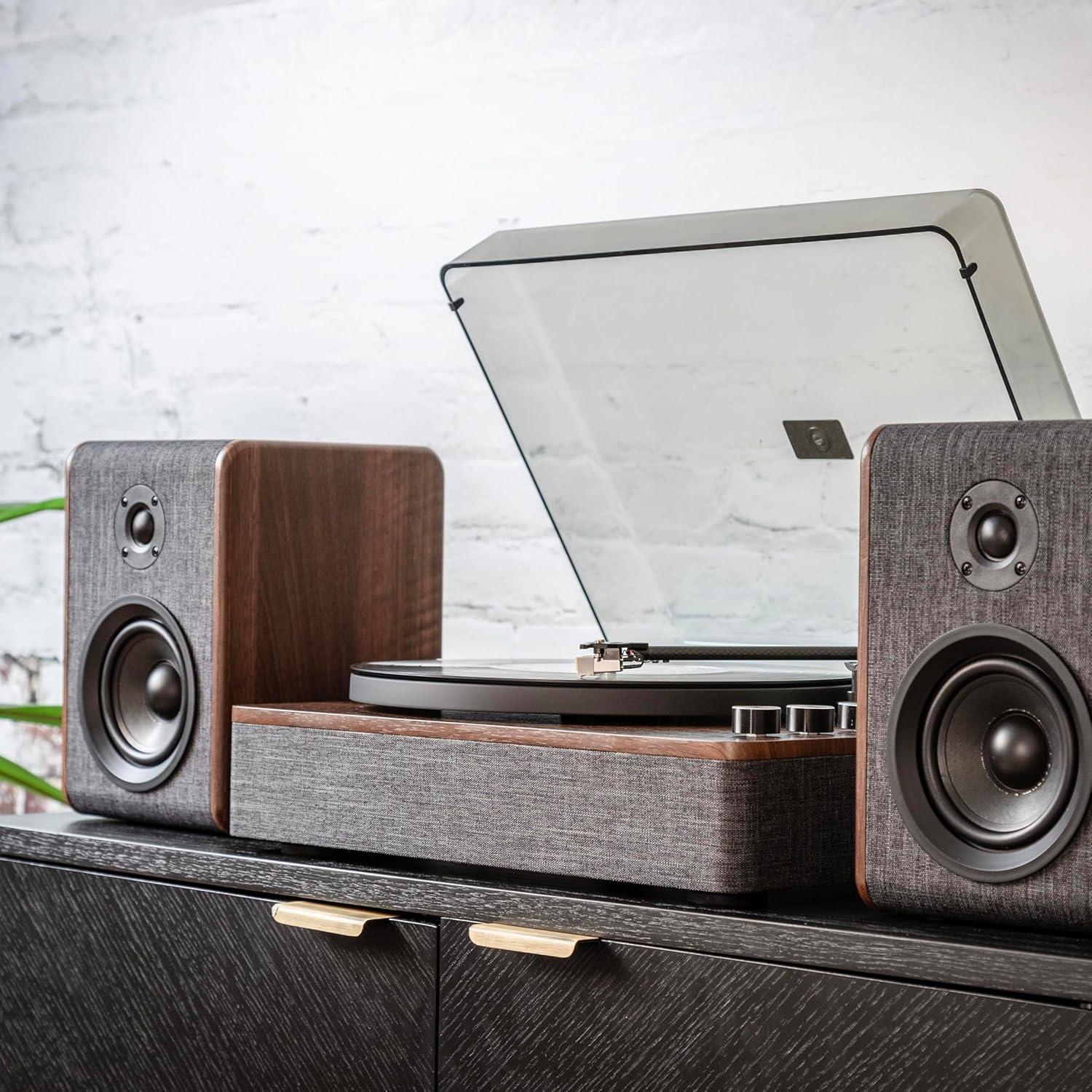 Charcoal and Brown Bluetooth Record Player with Speakers