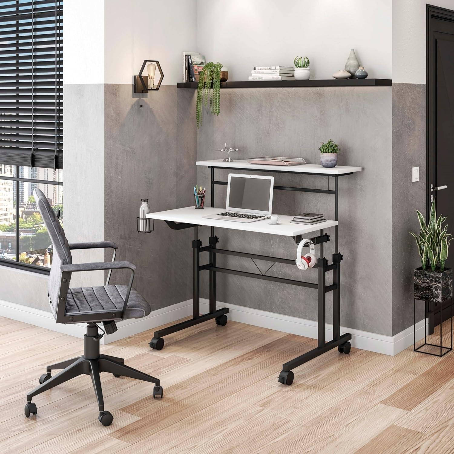 Rolling Writing Desk with Height Adjustable Desktop and Moveable Shelf White - Techni Mobili: Locking Casters, Open Storage