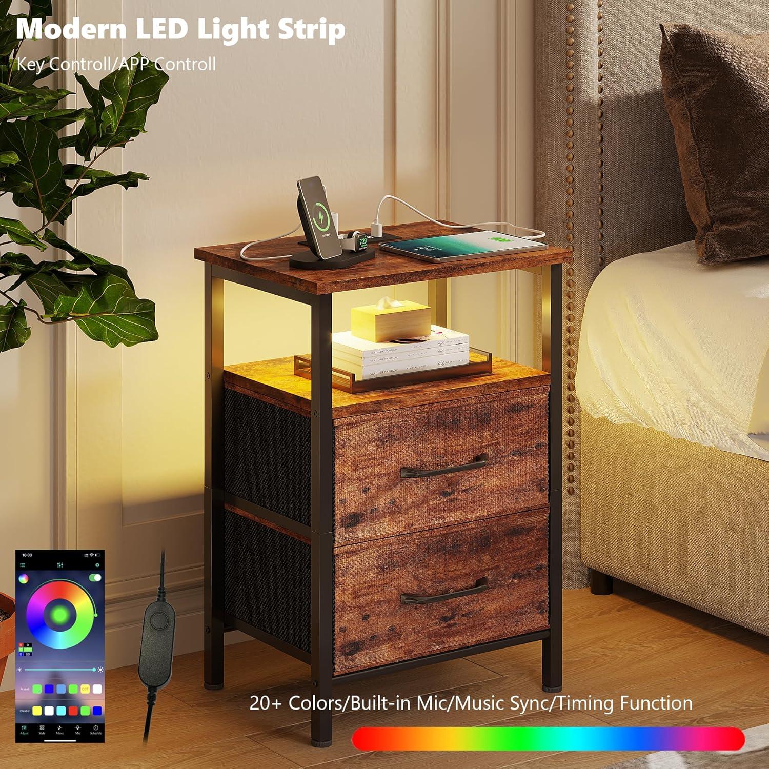 Nightstands Set of 2, Night Stand with Charging Station and Led Lights, Bedside Table with 2 Fabric Drawers for Bedroom, Small Side End Table with Open Shelf, Black