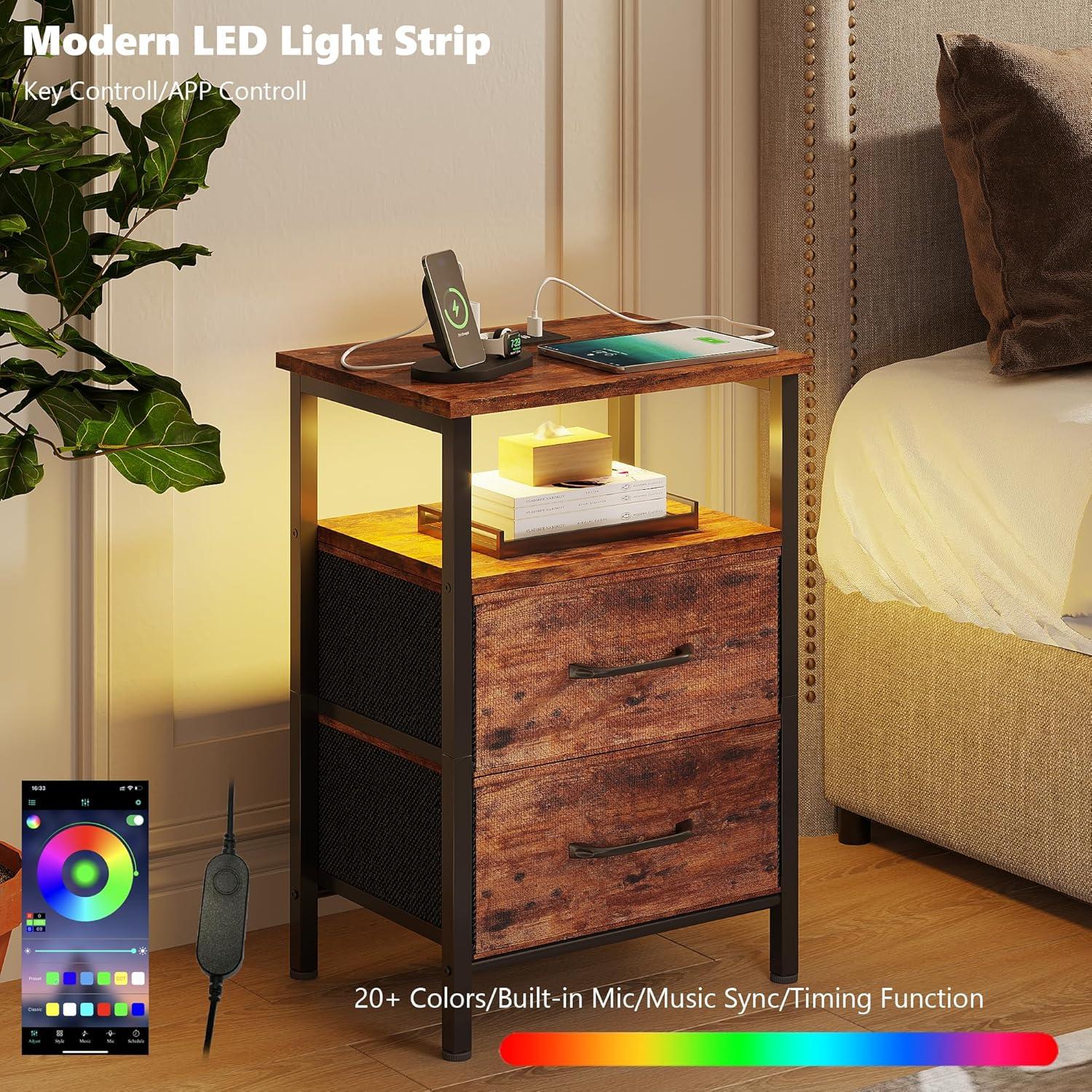 End Table with Charging Station, Narrow Side Table with 2 Fabric Drawers, Skinny Nightstand with LED Light, Slim Bedside Table for Bedroom, Living Room, Small Spaces, White