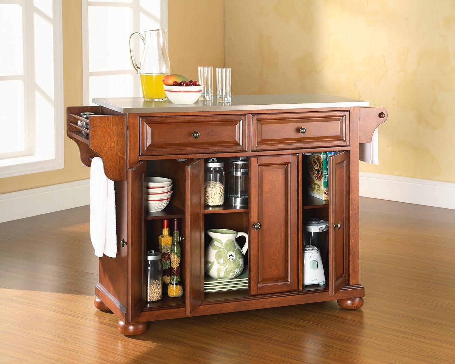 Alexandria Stainless Steel Top Kitchen Island Cherry - Crosley: Storage, Adjustable Shelves, Towel Bar