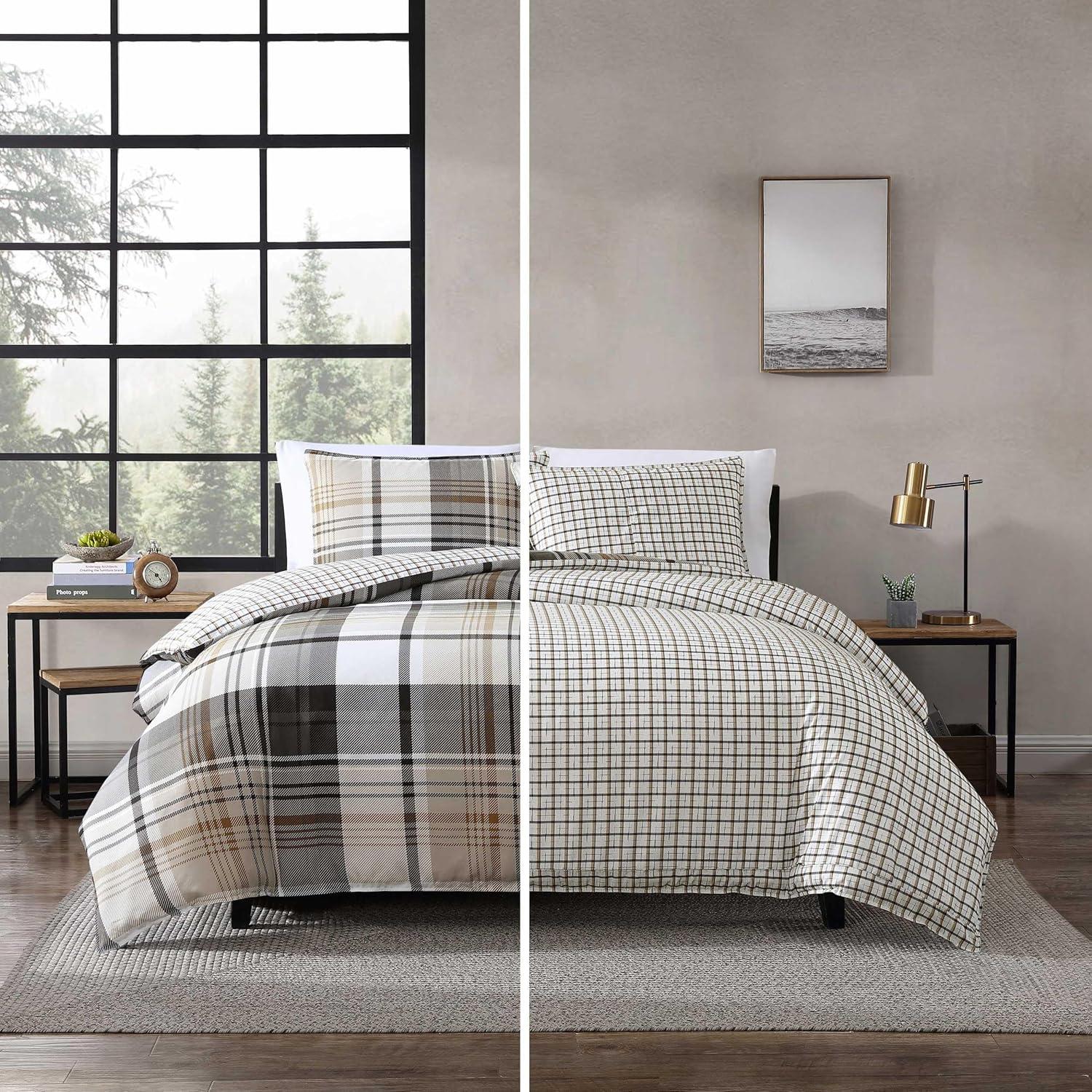 Eddie Bauer - Twin Duvet Cover Set, Reversible Microsuede Bedding Set with Matching Shams, Casual Home Decor (Normandy Plaid Black, Twin)