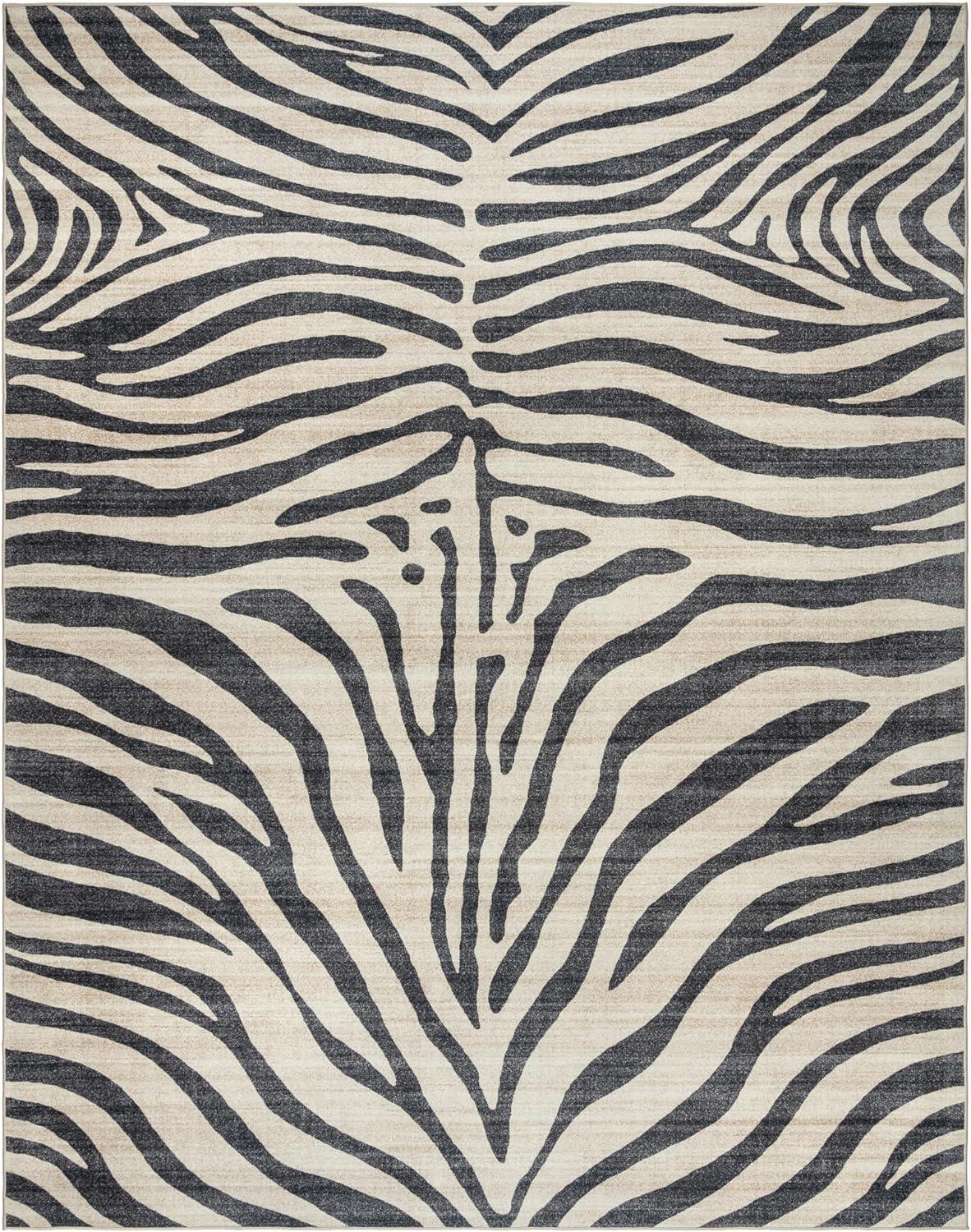 Gertmenian Crystal Print Zebra Black White Modern Animal Print Washable Flat Pile Indoor Area Rug