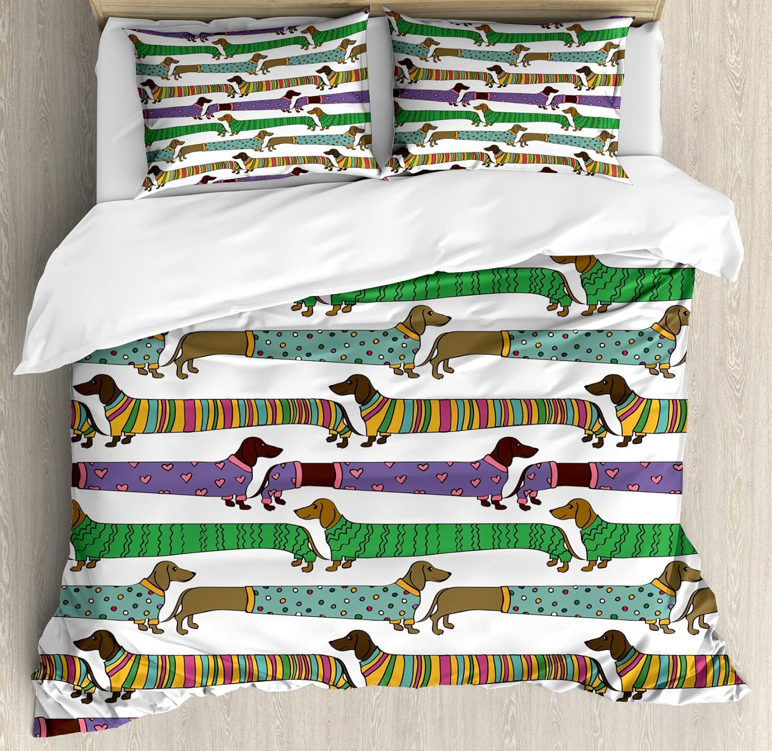 King Size Cartoon Dachshunds Multicolor Microfiber Duvet Set