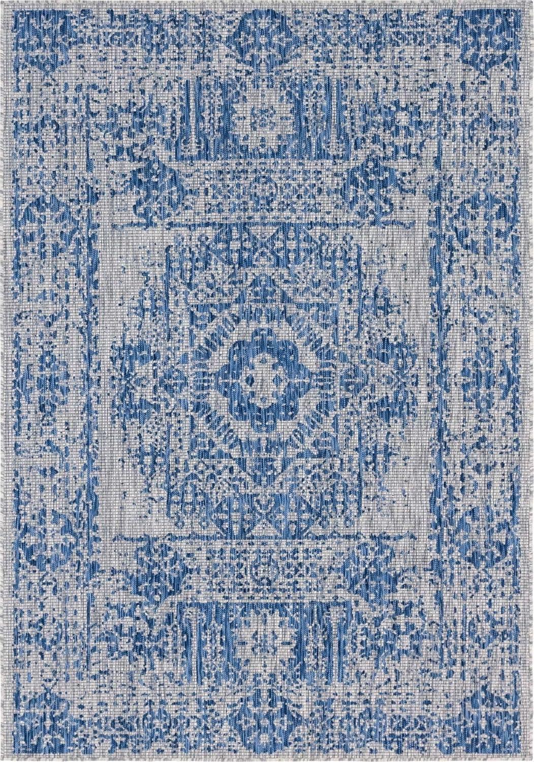 Unique Loom Outdoor Traditional Collection Area Rug - Timeworn (7' 1" x 10' Rectangle Blue/Gray)