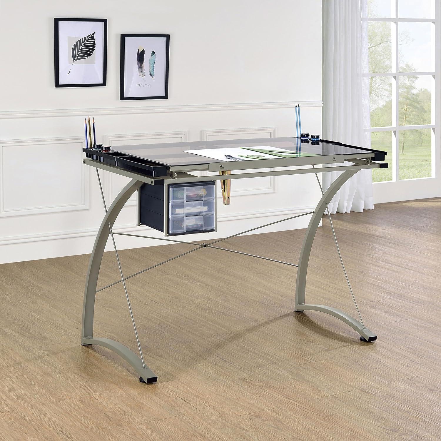 Melo 3 Drawer Glass Top Drafting Desk with Supply Storage Silver - Coaster