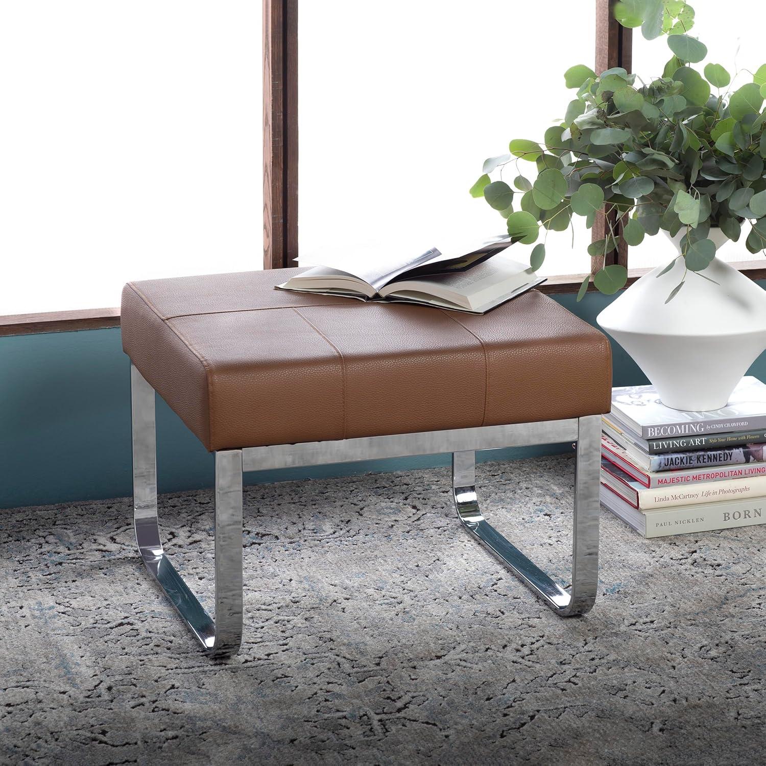 Rectangular Allure Modern Blended Leather Ottoman Caramel Brown/Chrome - Studio Designs Home