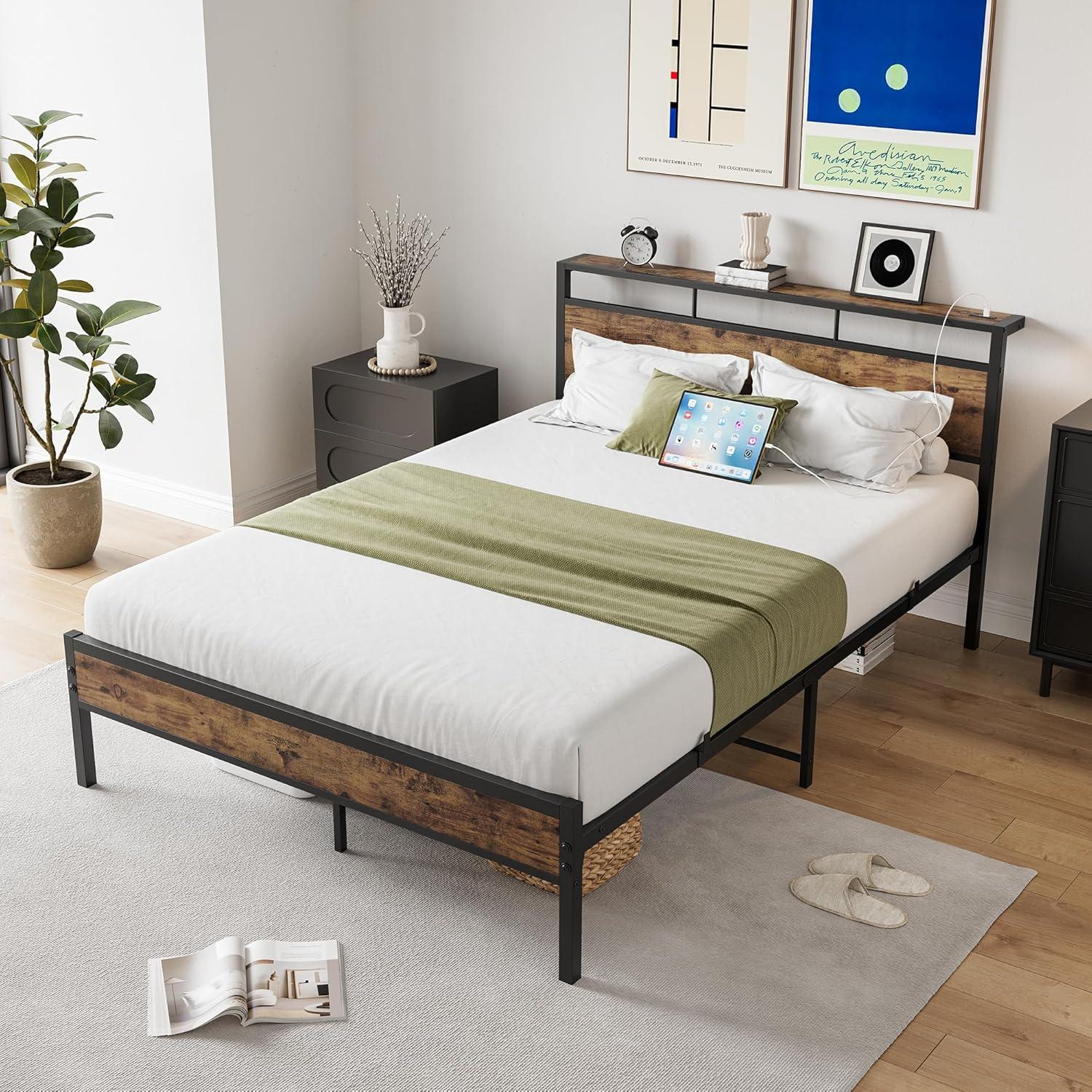 LegaHome Full Bed Frame, Metal Platform Bed with Storage Headboard and Charging Station, Strong Slat Support, Full Size Bed Frame for Kids Teens Adults, No Box Spring Needed, Black