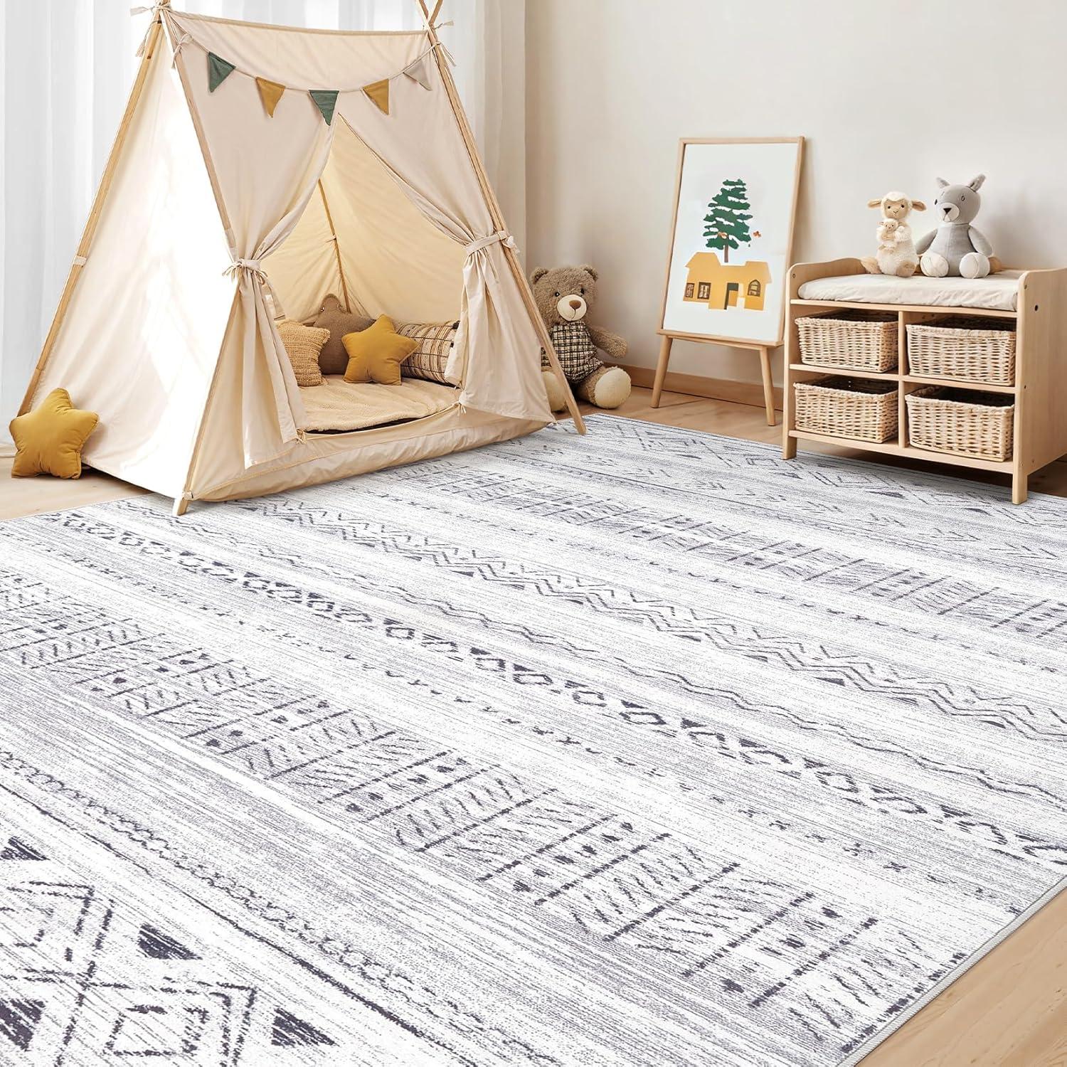 Large Living Room Area Rug 9x12: Soft Machine Washable Boho Moroccan Farmhouse Rugs for Bedroom Under Dining Table - Non-Slip Neutral Morden Indoor Floor Rug Carpet for Home Office Decor - Grey