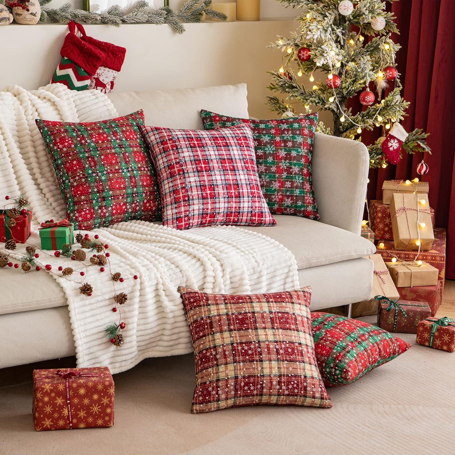 Red and Beige Tartan Plaid Snowflake 18" Polyester Euro Pillow Covers