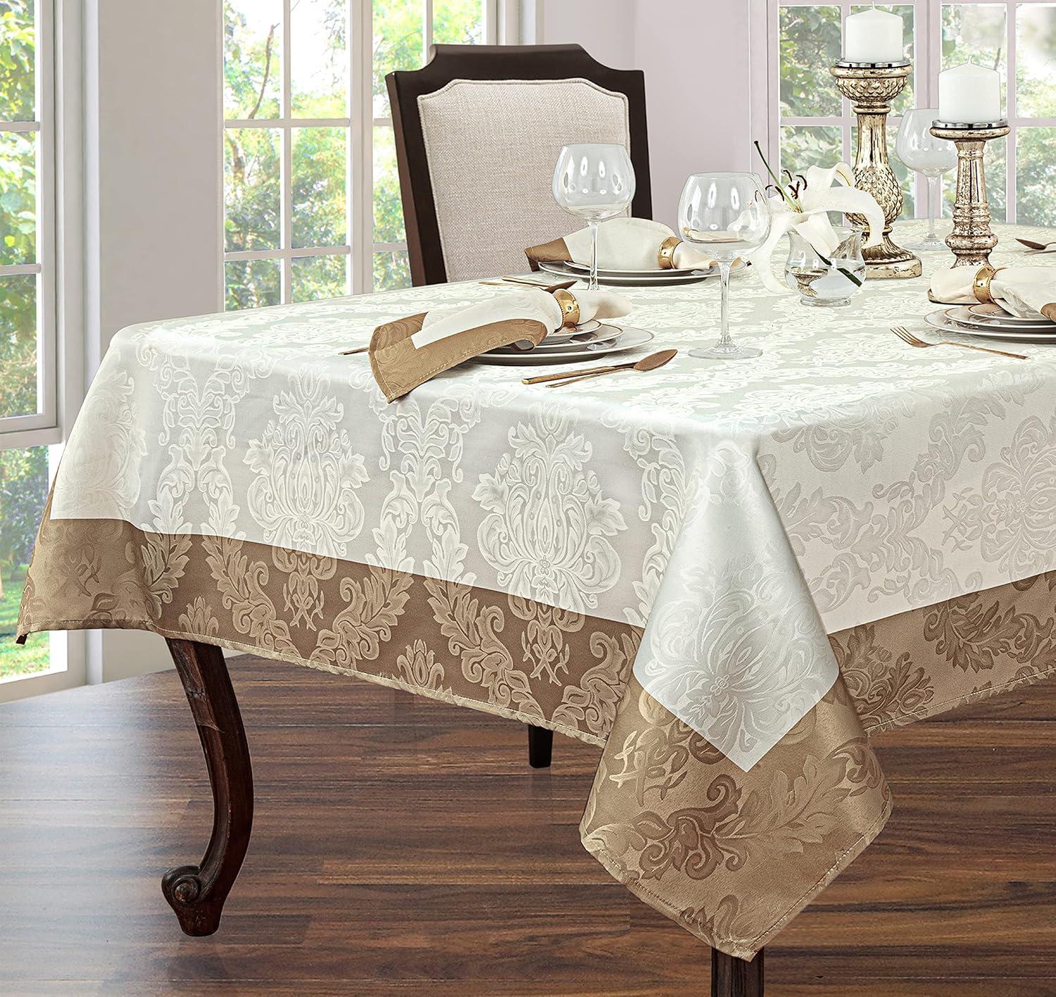 Newbridge Valencia Two Tone Bordered Damask Fabric Tablecloth, Wrinkle and Stain Resistant Fine Dining Holiday Hotel Quality Tablecloth, 52 Inch x 70 Inch Oblong/Rectangle, Antique Ivory/Gold