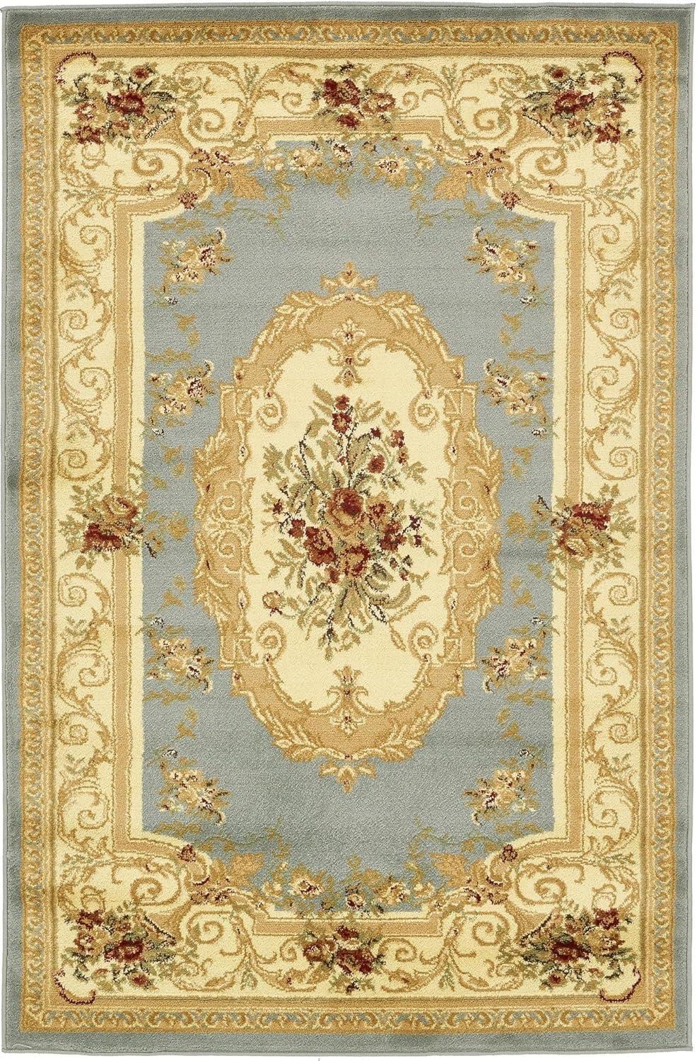 Light Blue and Beige Medallion Synthetic 4' x 6' Area Rug