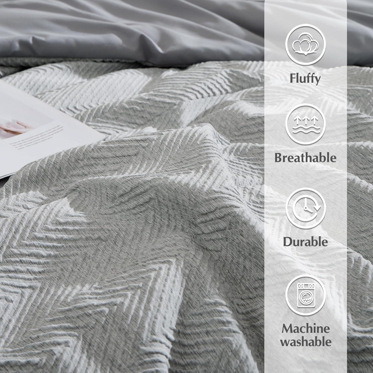 Geniospin Queen Comforter Set, Bed in A Bag 7-Pieces, Light Grey Textured All Season Comfortable Bedding Sets with Comforter, Sheets, Pillowcases & Shams (Light Grey, 90"x90")