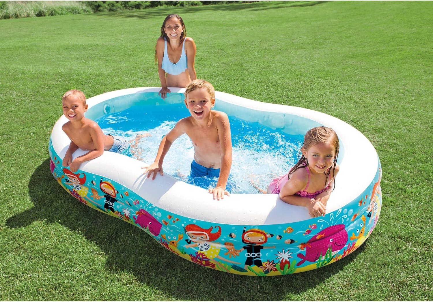 Intex 8.5ft x 5.25ft x 18in Swim Center Paradise Seaside Inflatable Kiddie Pool with Drain Plug for Quick and Easy Clean Up