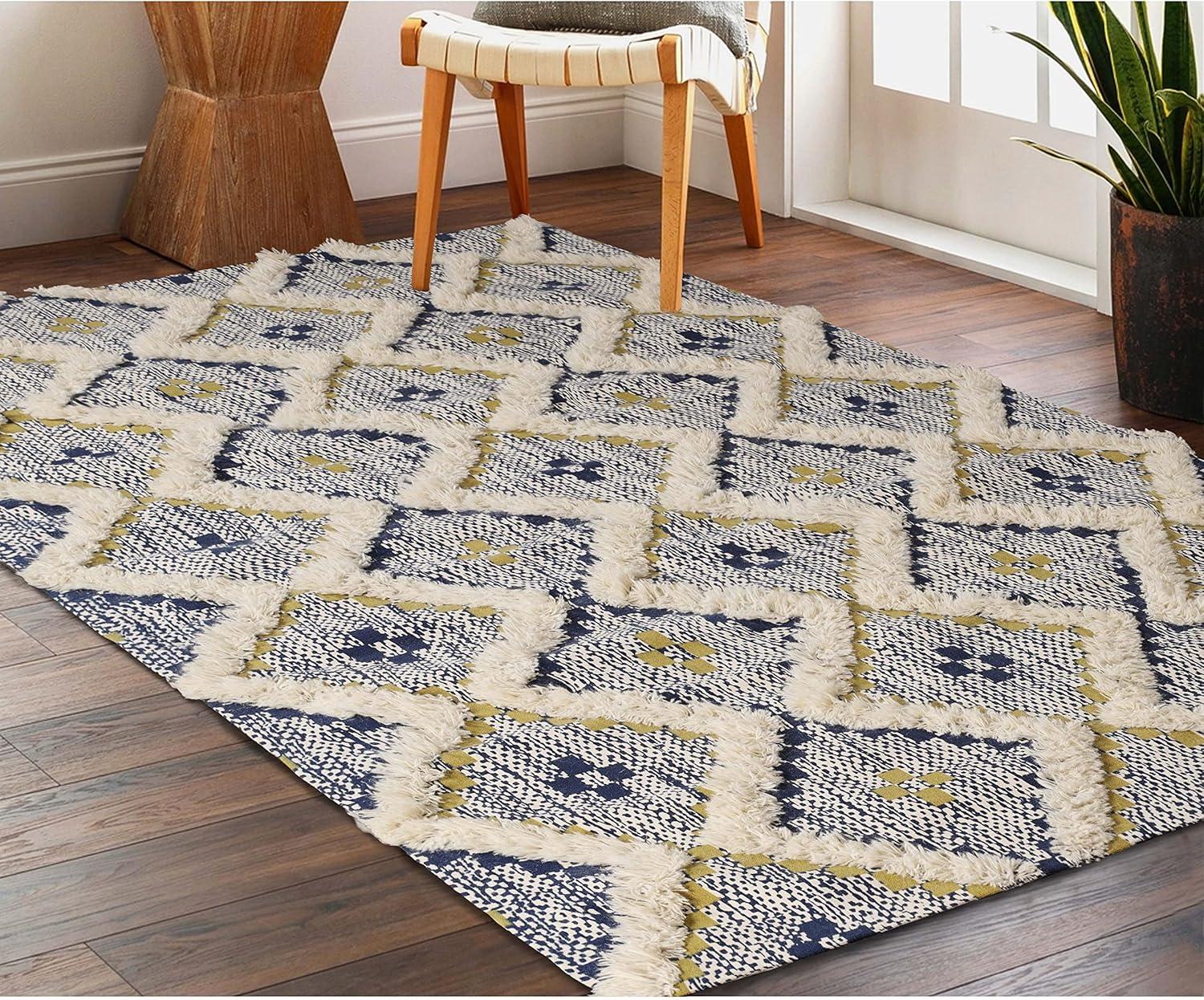 Tufted Handmade Wool Geometric Rug Gold-Navy Blue, 6' x 9'