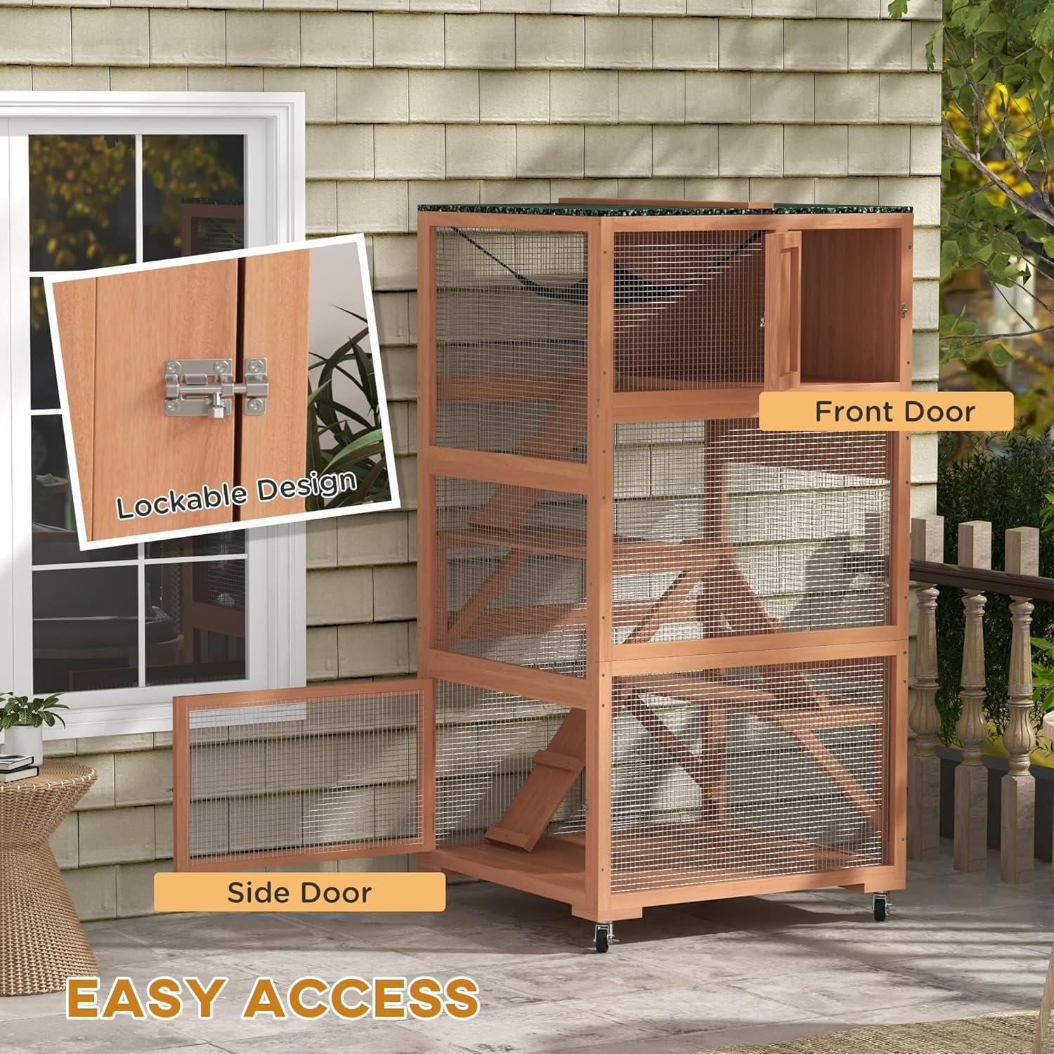 PawHut Catio, Outdoor Cat Enclosure House, Wooden Feral Cat Shelter on Wheels with Hammock, Platforms Ramps, and Waterproof Roof, 34", Orange
