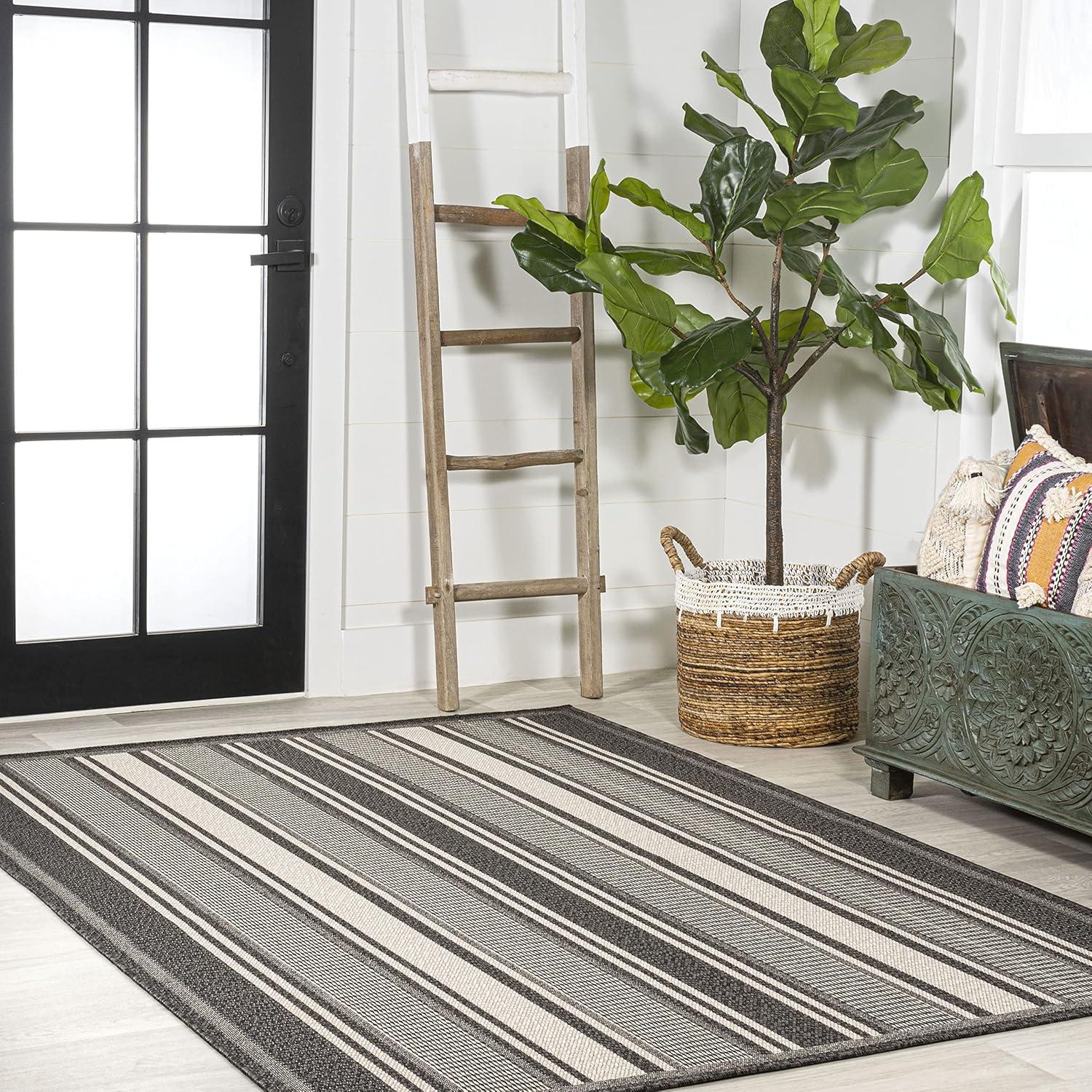 8' x 10' Haynes Modern Double Stripe Indoor/Outdoor Area Rug, Black/Cream - JONATHAN Y