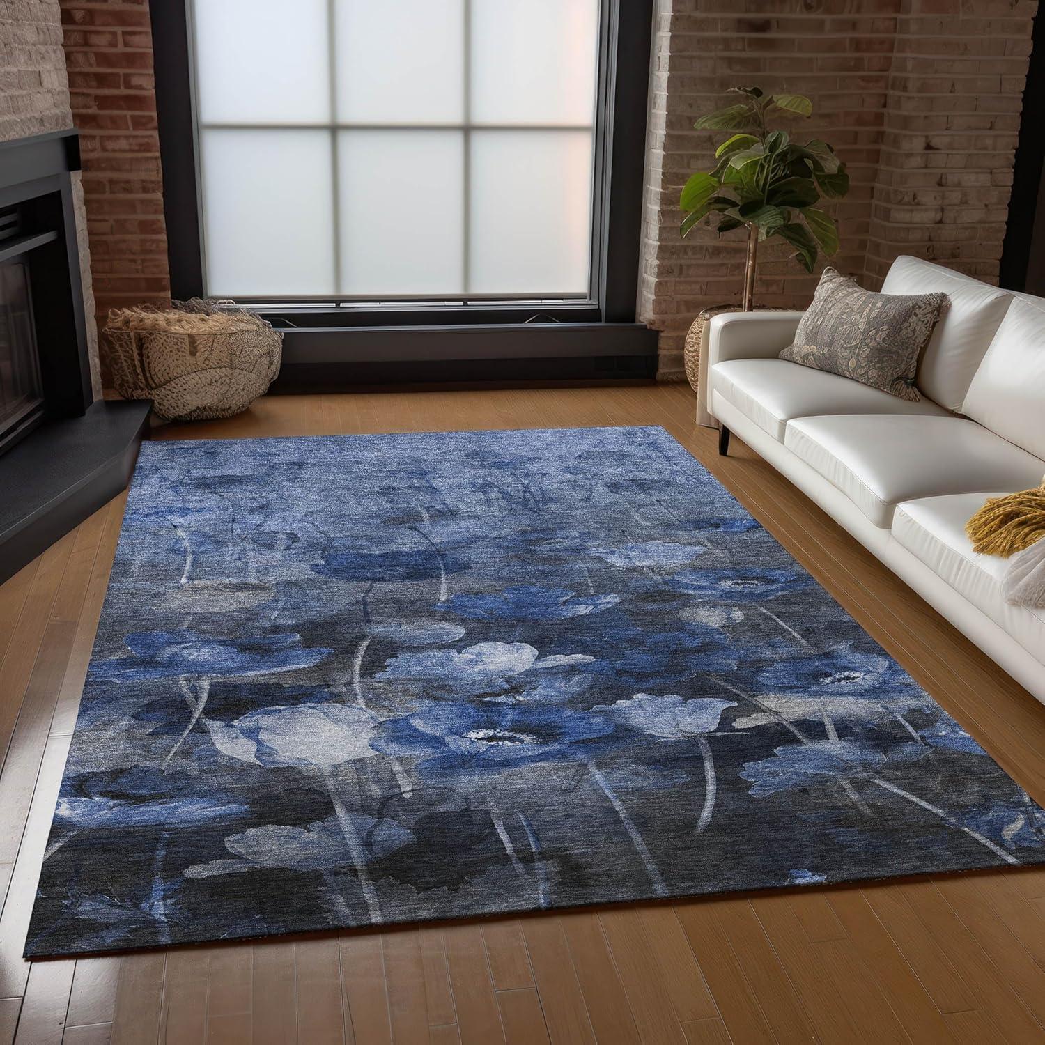 Blue Floral Machine-Washable Non-Slip 3' x 5' Area Rug