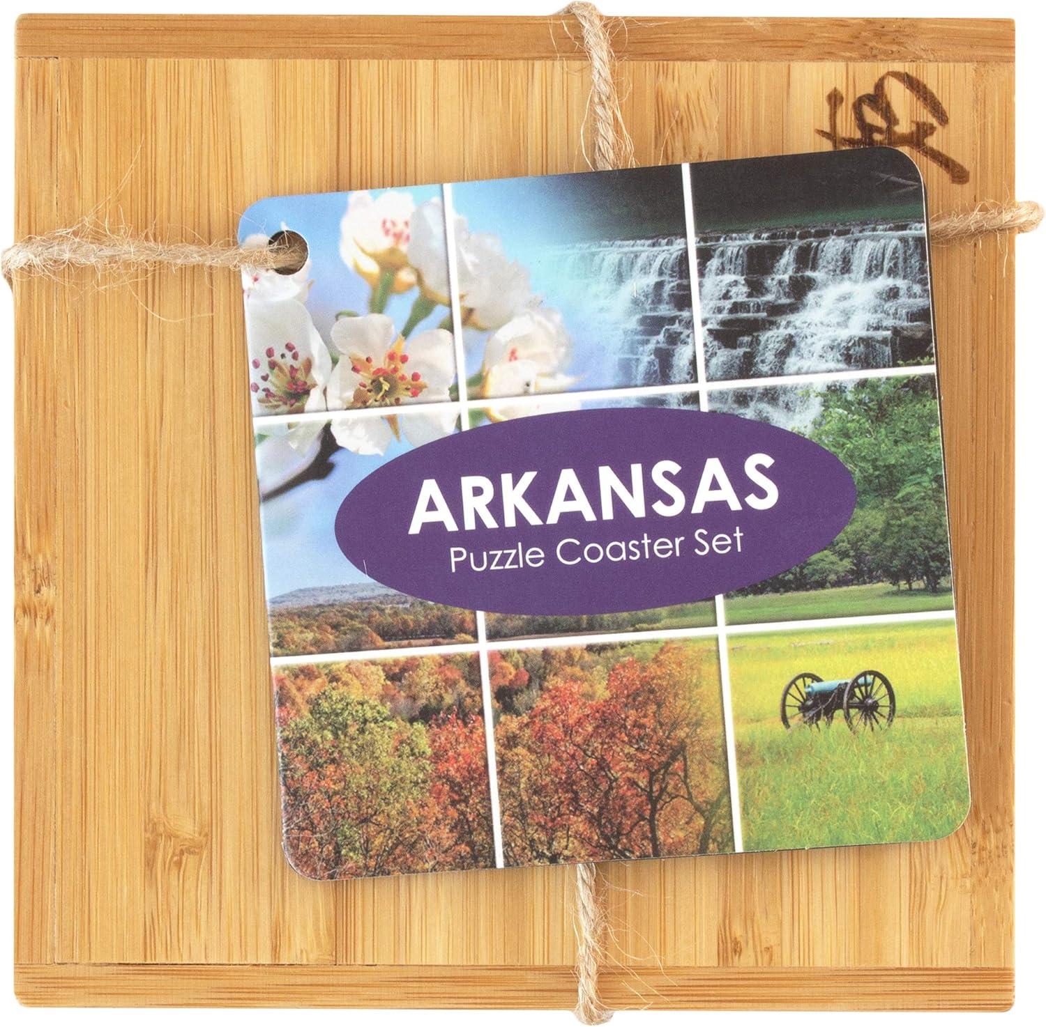 Arkansas State Puzzle Bamboo Coaster Set with Case