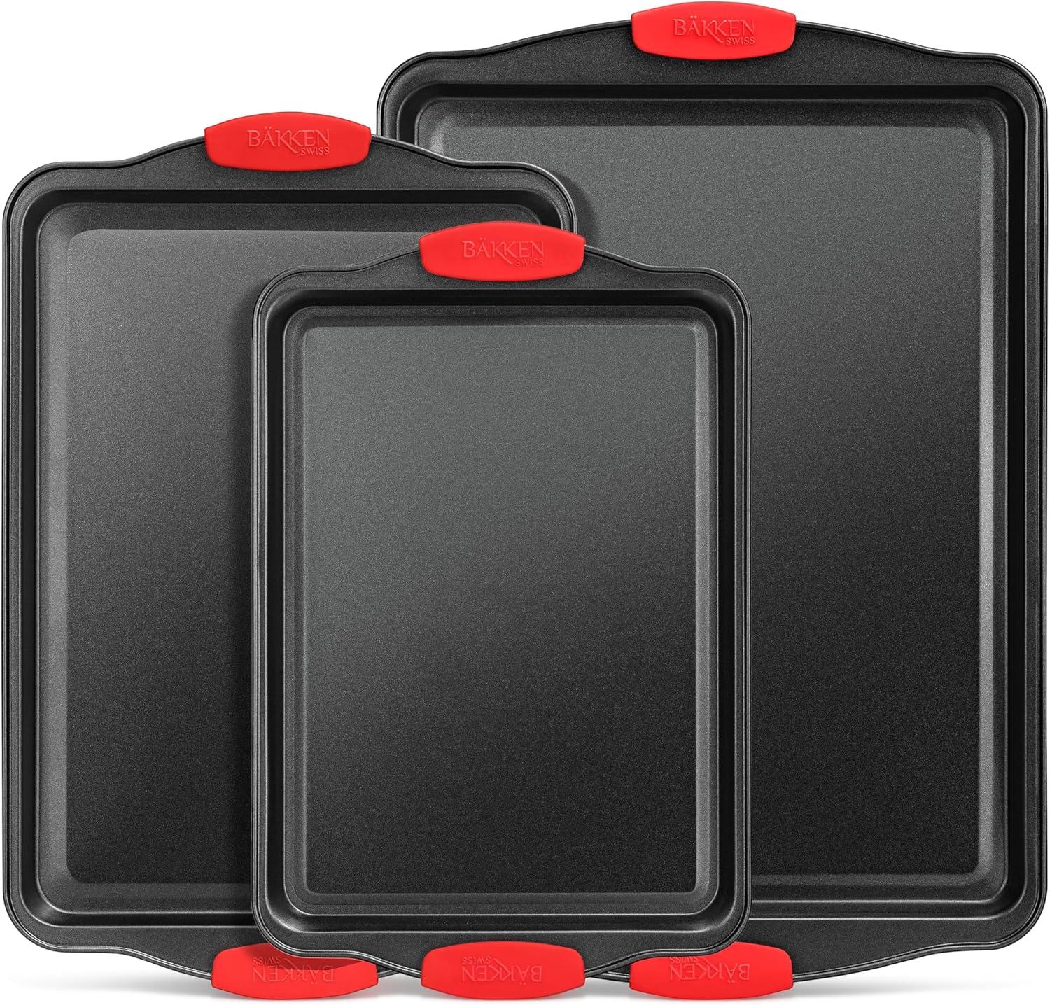 Baking Pan Set – 3 Piece Cookie Sheet – Deluxe Black  Non-Stick Carbon Steel – Silicone Handles –