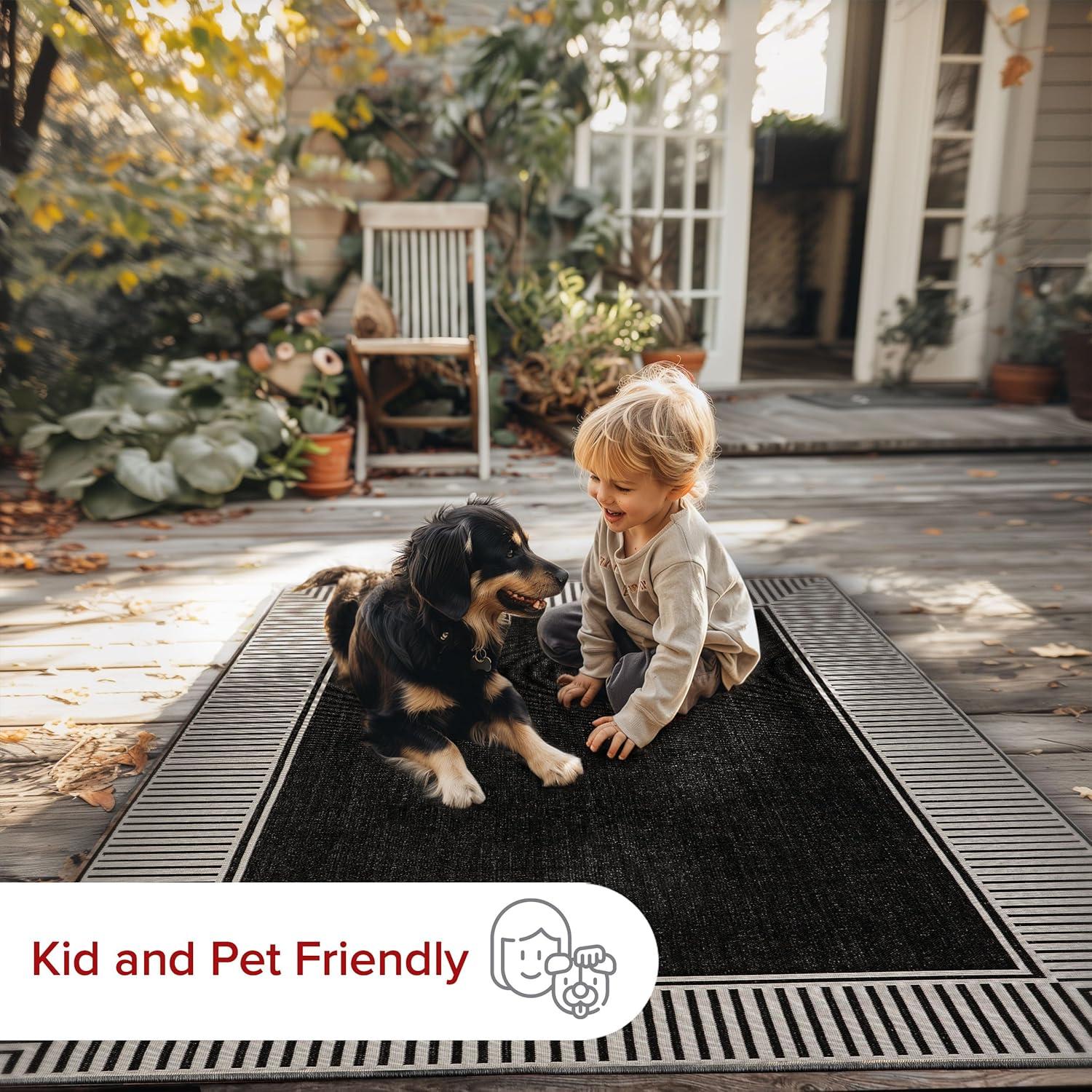 Black and Beige Striped Synthetic 4' x 6' Outdoor Area Rug