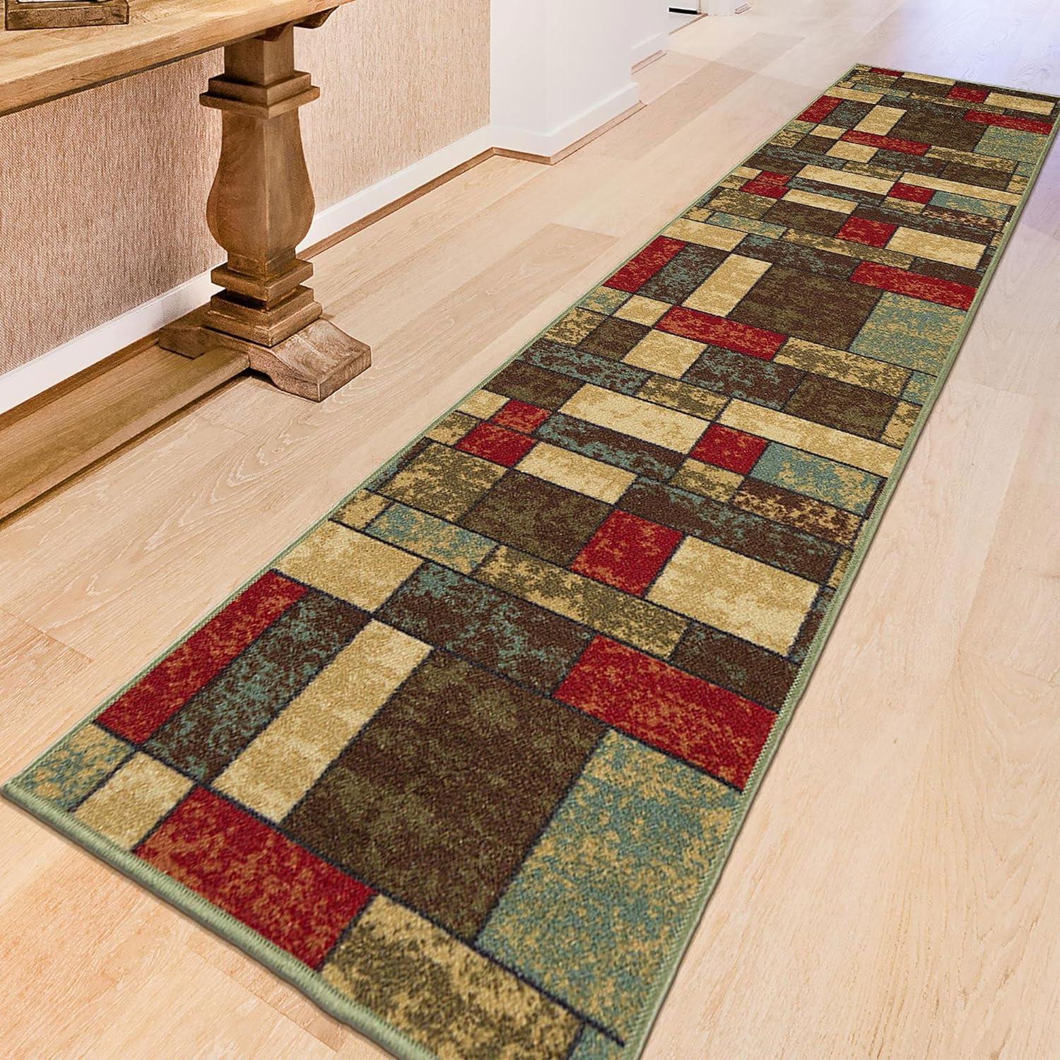 Ottomanson Machine Washable Non-Slip Rubberback Boxes 2x7 Indoor Runner Rug, 1'10" x 7', Multicolor