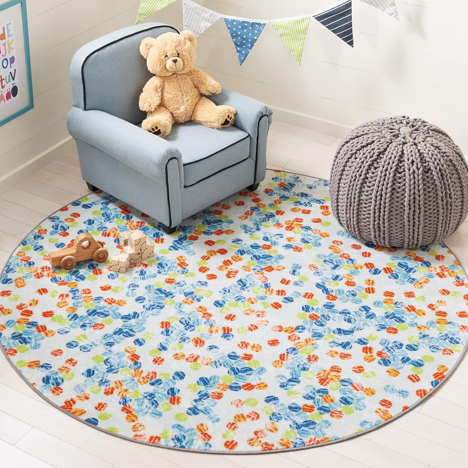 Ivory and Blue Round Kids Playhouse Washable Rug