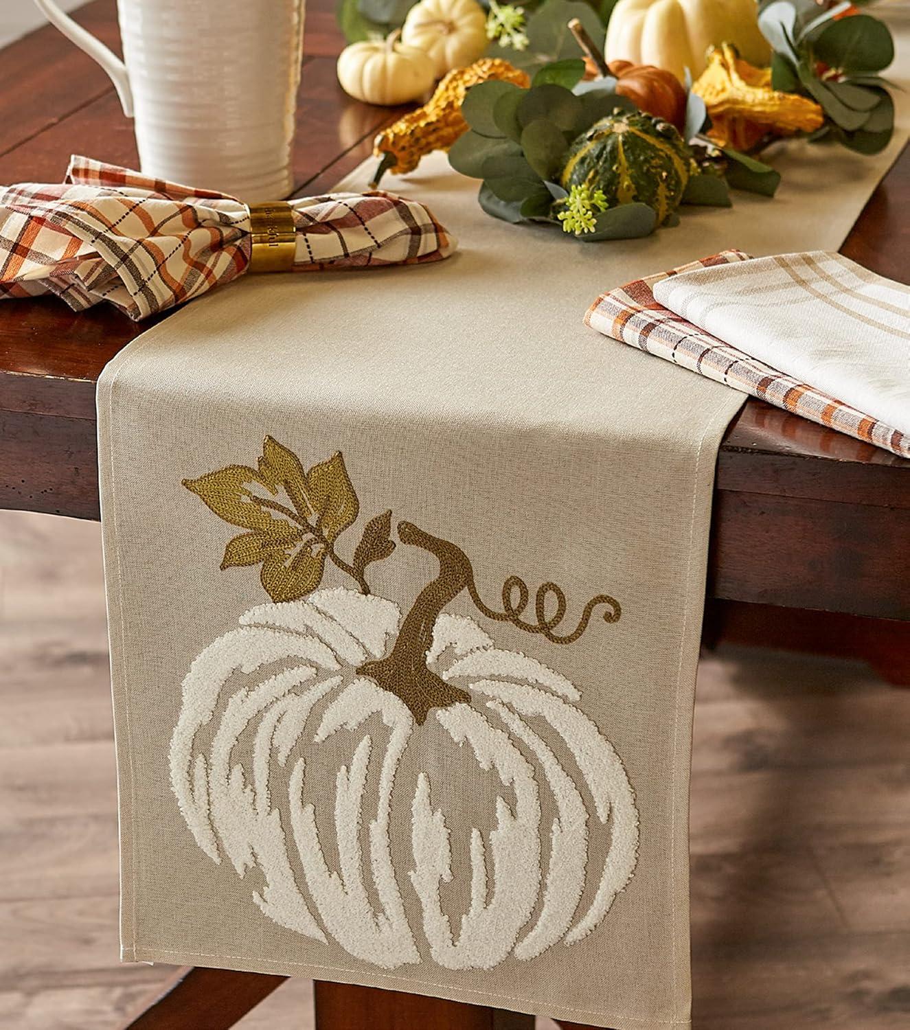 White Pumpkin Embroidered Fall Table Runner, 14x70 Polyester