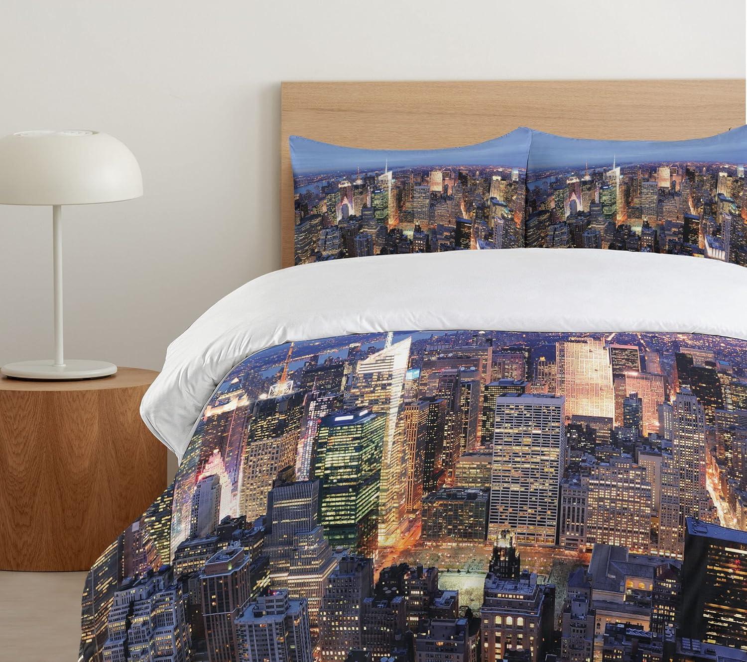 New York Queen Size Duvet Cover Set, Aerial View of NYC Full of Skyscrapers Manhattan Times Square Famous Cityscape Panorama, Decorative 3 Piece Bedding Set with 2 Pillow Shams, Blue, by Ambesonne