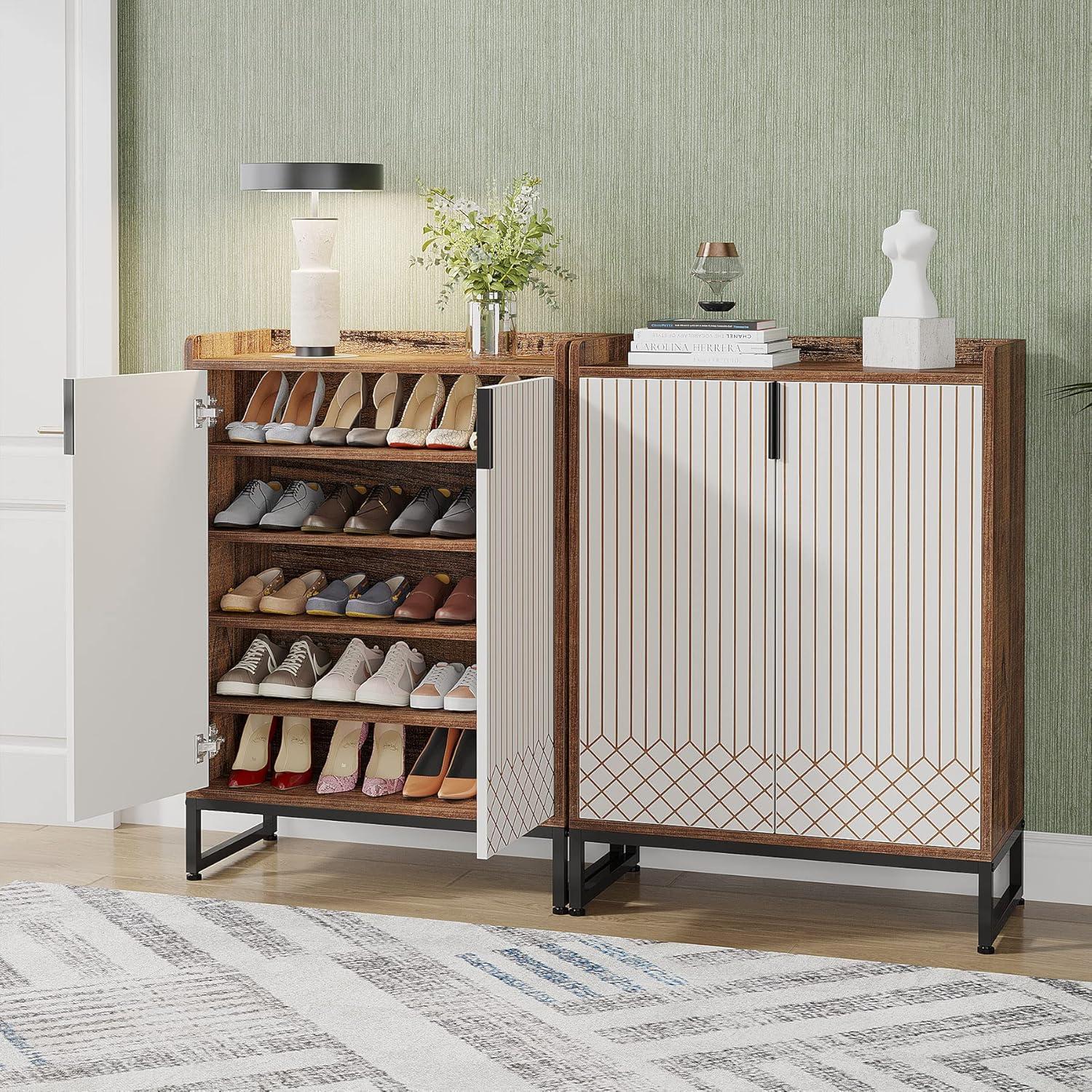 Brown and White 5-Tier Wood Shoe Cabinet with Metal Frame