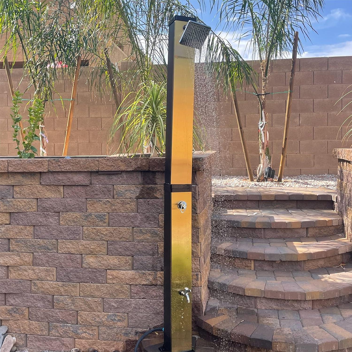 Luxury Solar Heated Outdoor Shower in Brushed Gold and Black