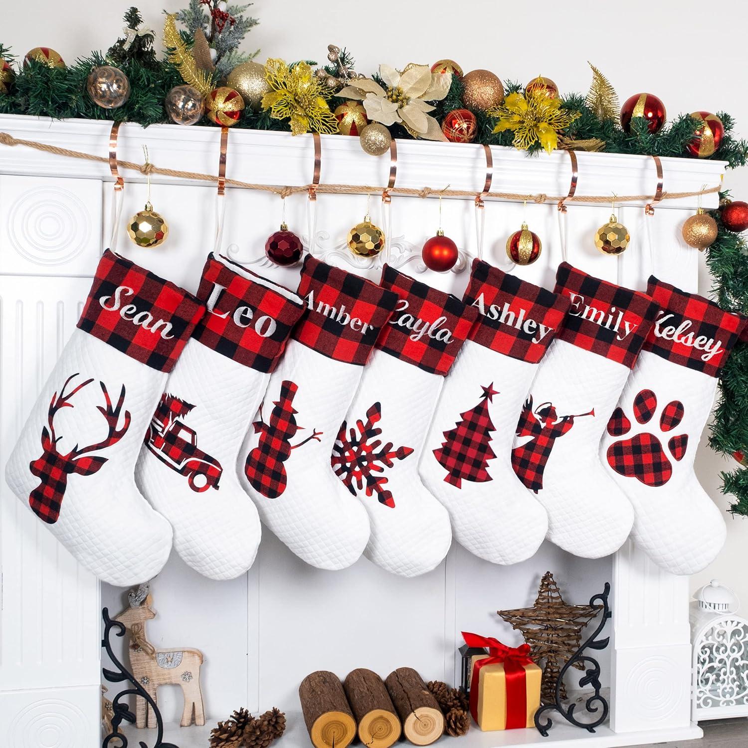 Set of 6 Red Plaid and White Quilted Christmas Stockings