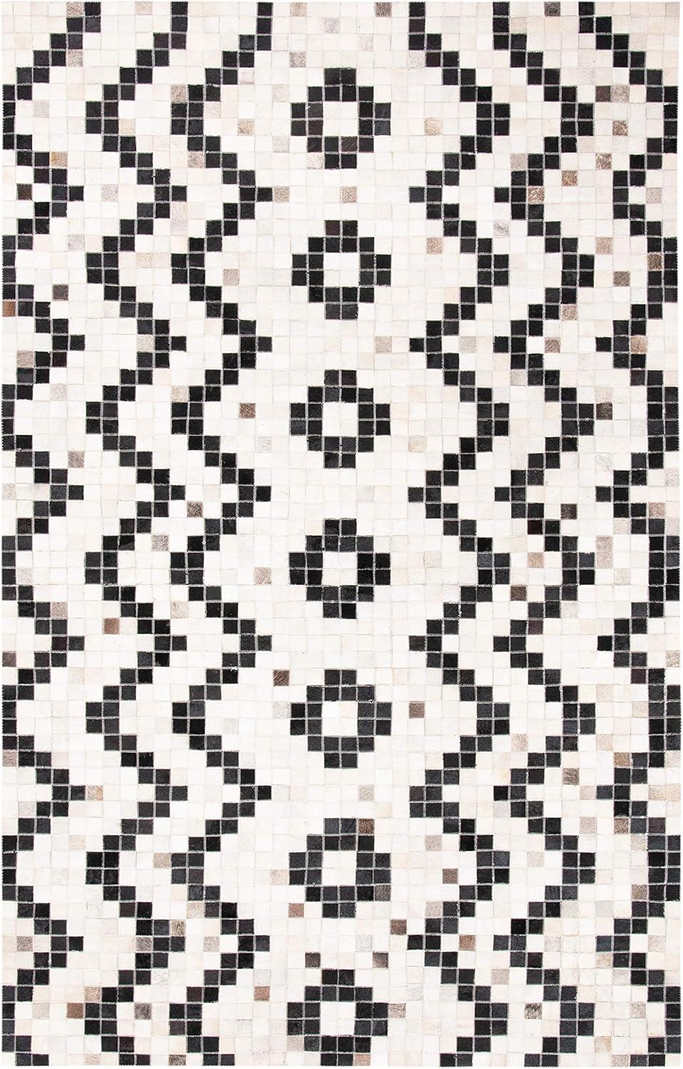 Geometric Black and Ivory Hand-Stitched Cowhide Area Rug 4' x 6'