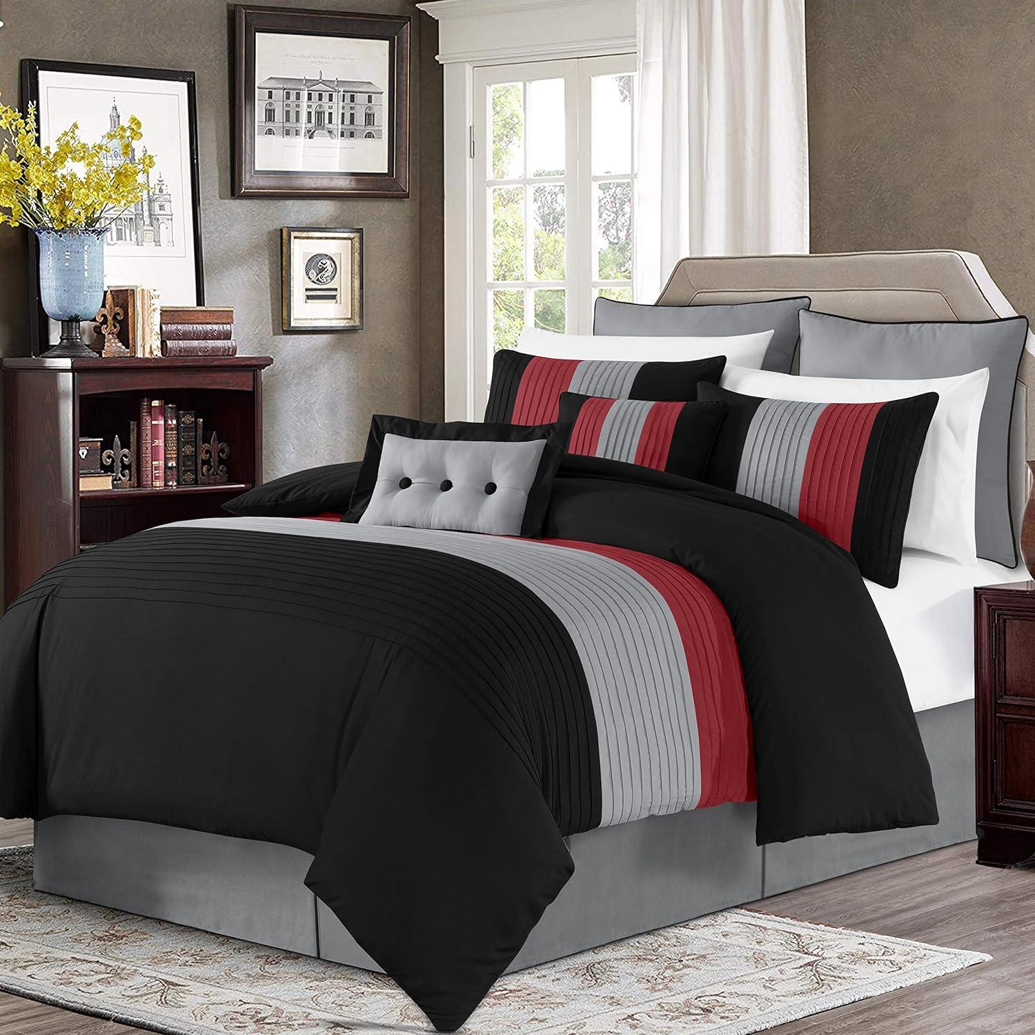 King Red Black Gray Microfiber 8-Piece Comforter Set