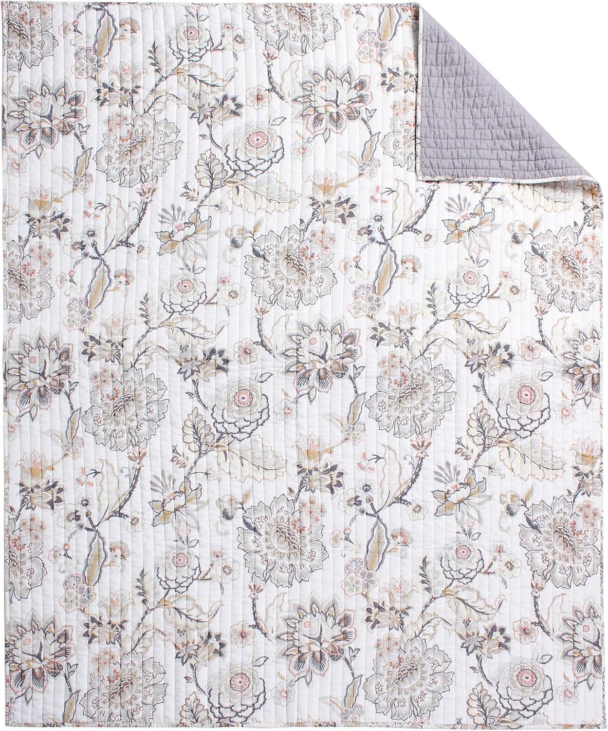 Levtex Home - Ophelia - Throw - Floral - Taupe Grey Cream Blush - Quilt (50x60in.) and Sham 50x60in. - Rayon/Rayon