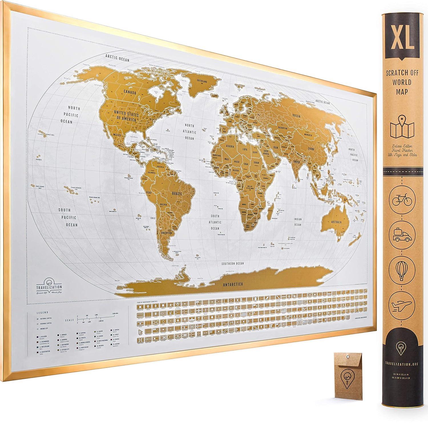 XL Scratch Off World Map with 196 Country Flags 36" x 24" Frameable Travel Map with Vibrant Colors and Premium Gold Coating, Beautiful Visited Places Tracker for Travelers, White