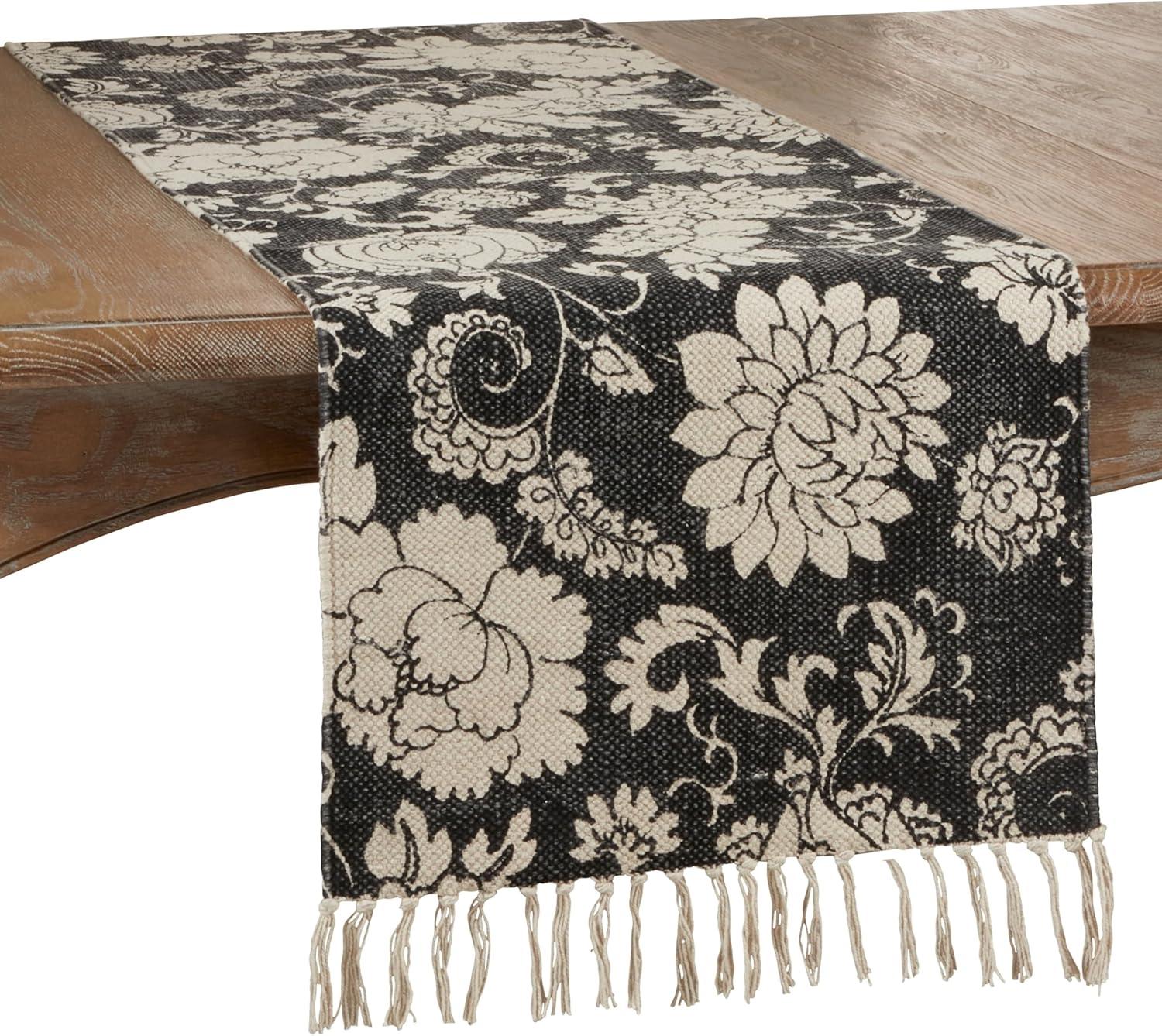 Saro Lifestyle Floral Table Runner With Fringed Design, 16"x72", Black