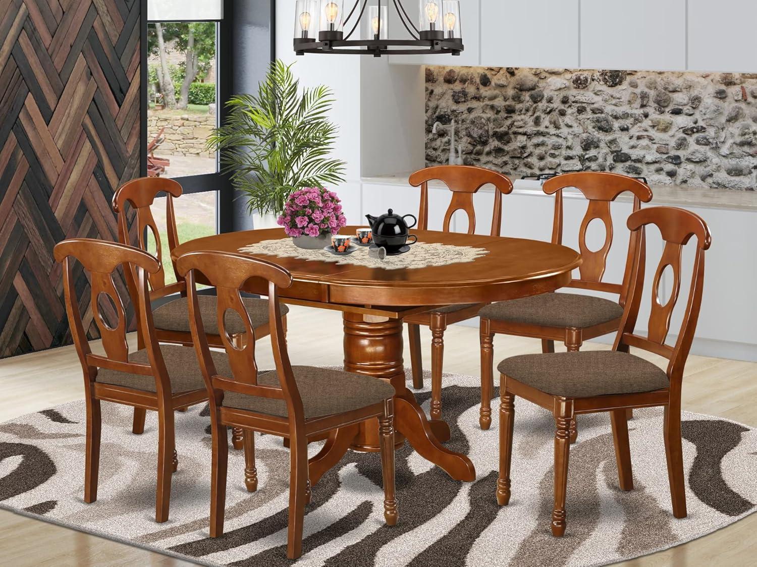 Saddle Brown Oval Wood Dining Table Set with 6 Chairs