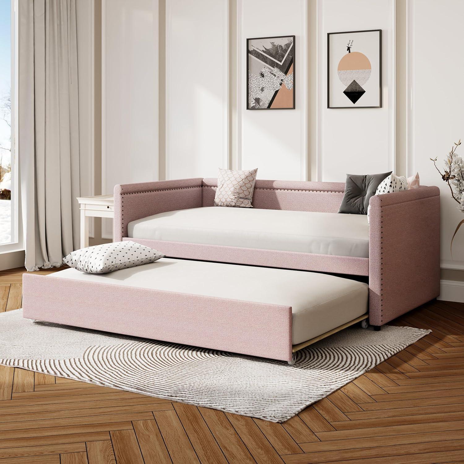 Pink Modern Style Twin Size Linen Upholstered Daybed with Trundle, Curved Arms, Nailhead Trims