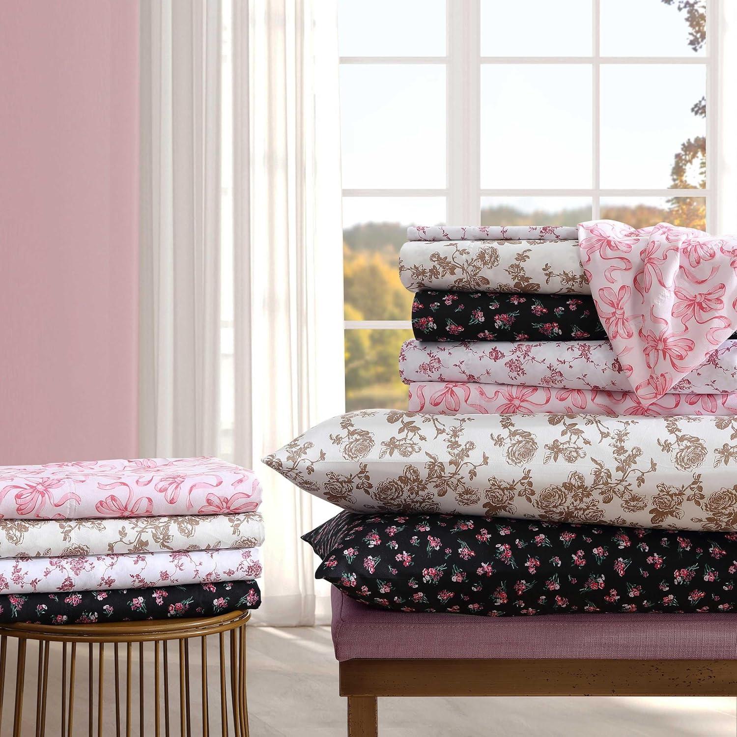 King White and Pink Floral Microfiber Sheet Set