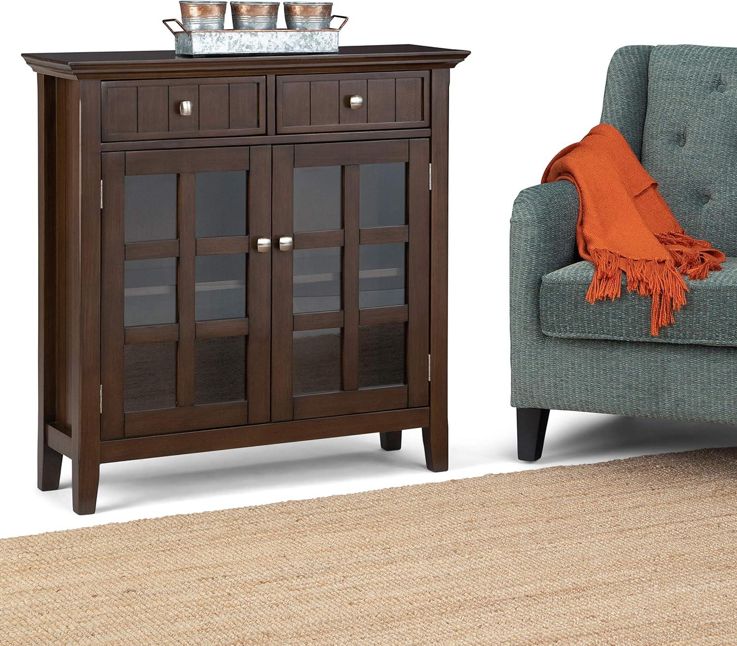 Simpli Home Acadian 36"W Solid Wood 2-Shelf Entryway Storage Cabinet with Glass Doors and 2 Drawers