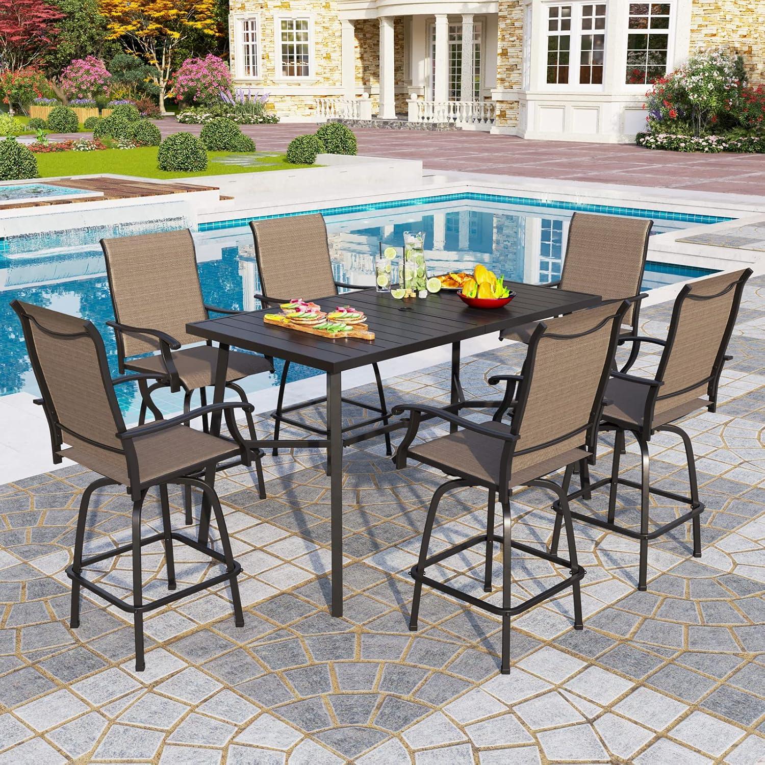 Black Steel Rectangular Outdoor Patio Bar Dining Table with Umbrella Hole