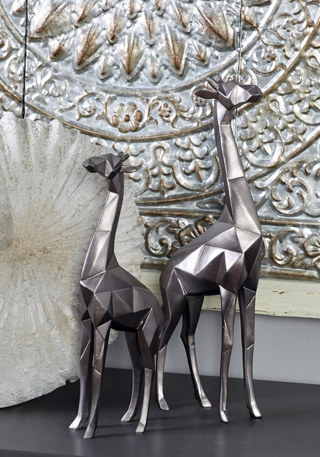 Silver Geometric Polystone Giraffe Sculptures, Set of 2