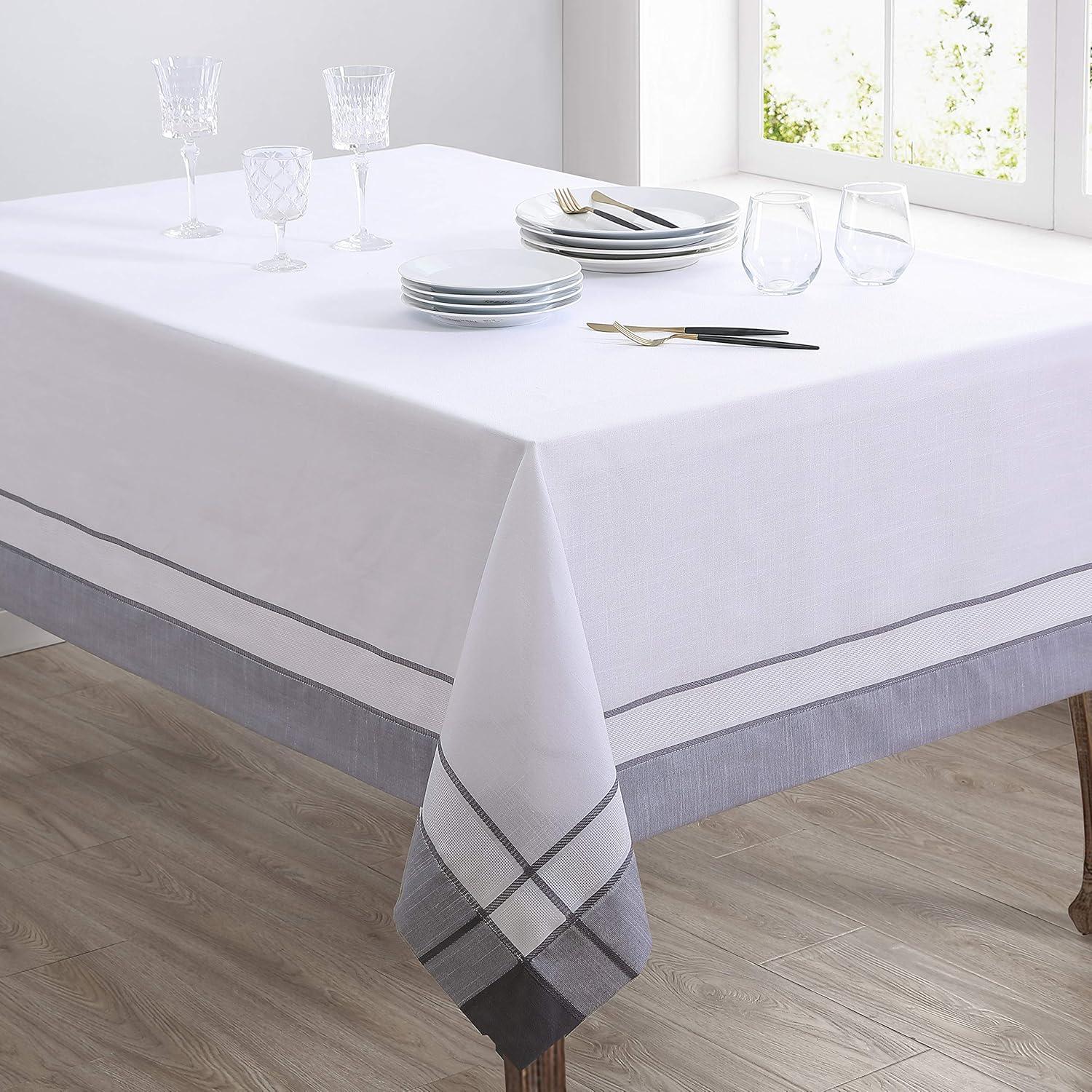 Fennco Styles Neutra Banded Border Design Tablecloth - Decorative Table Cover for Everyday Use, Dining Table Décor, Banquets, Family Gatherings and Special Occasions